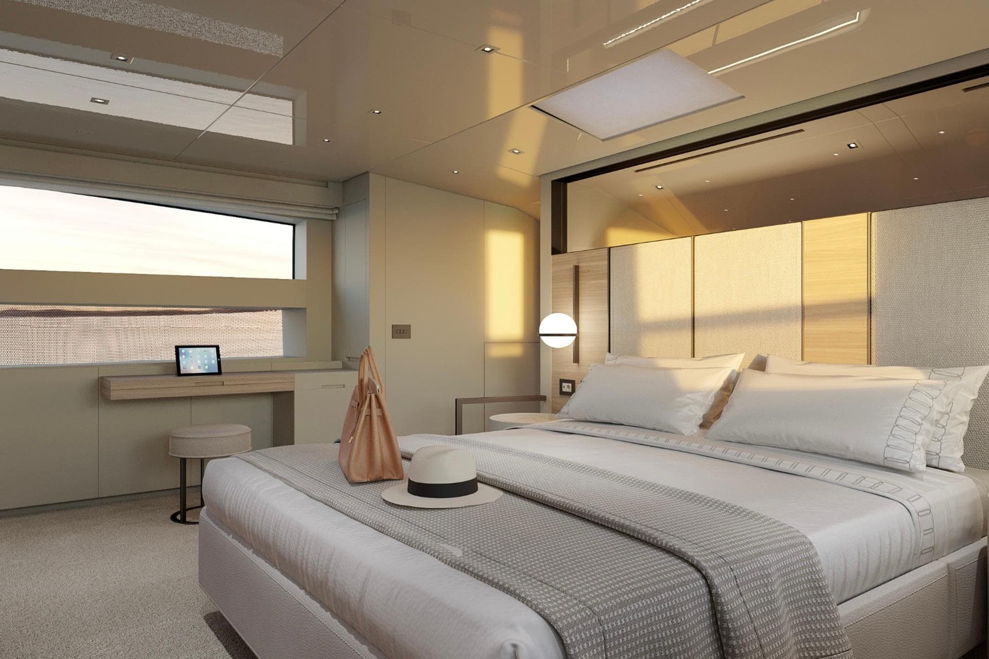 Luxurious bedroom interior of 2024 Sanlorenzo SL90A yacht, featuring modern design and elegant decor.