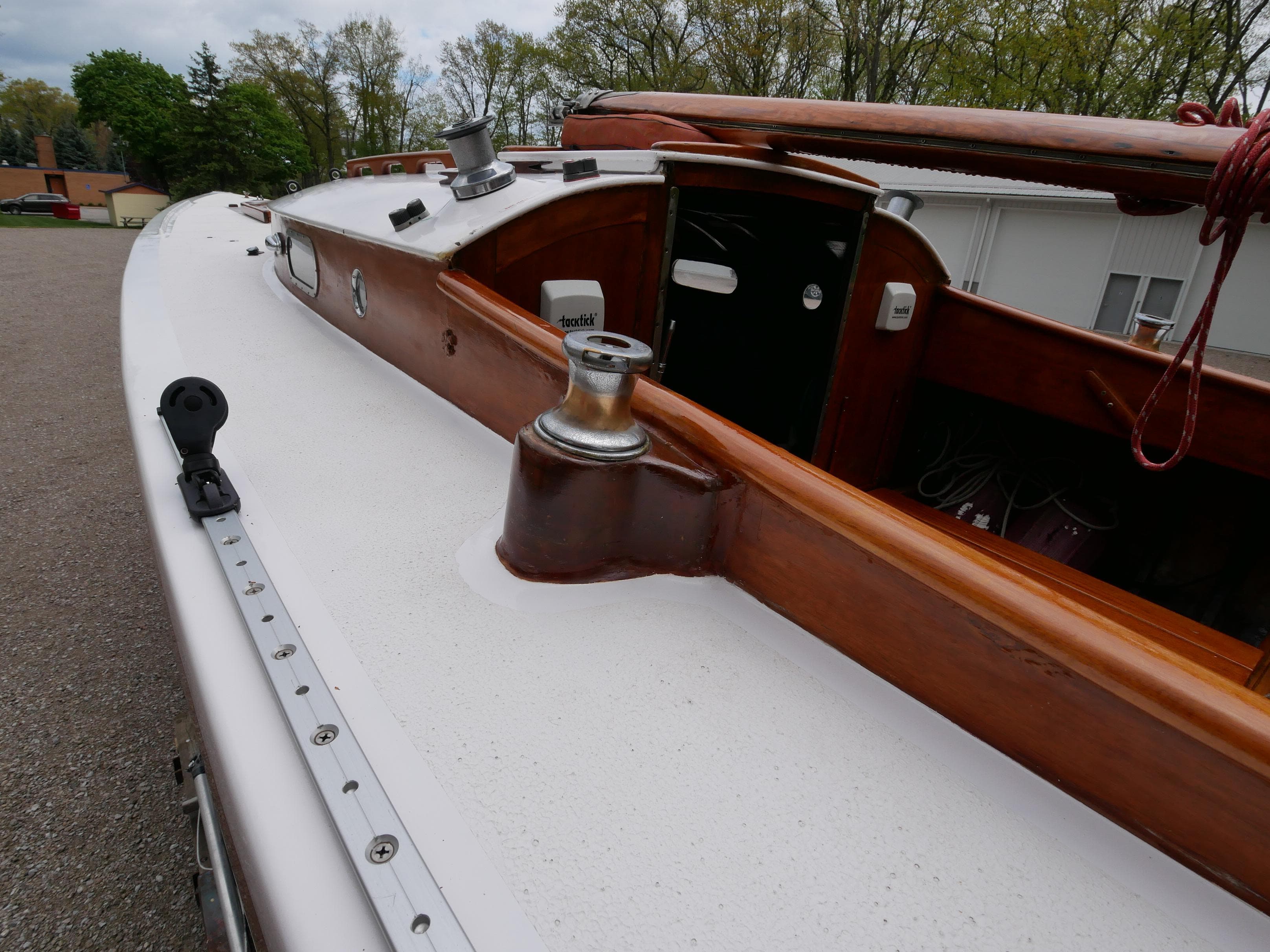 1935 Custom 44' 30-Square Meter Sailing Yacht deck with wooden trim and winches.