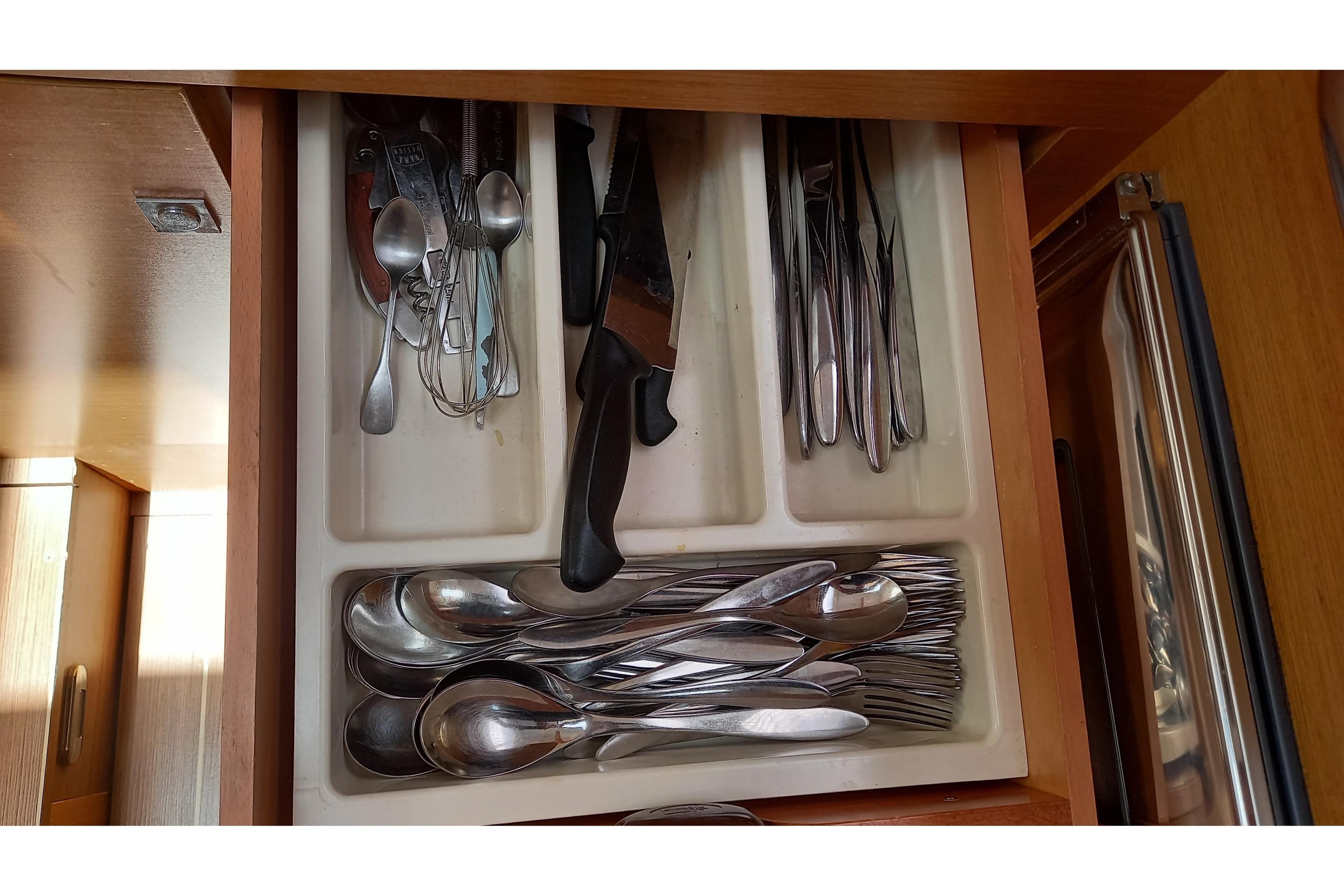 Cutlery drawer in Jeanneau Sun Odyssey 45 DS, 2011 model.