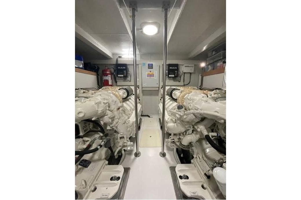 Engine room of 2020 Azimut Fly 72 yacht, featuring dual MAN engines.