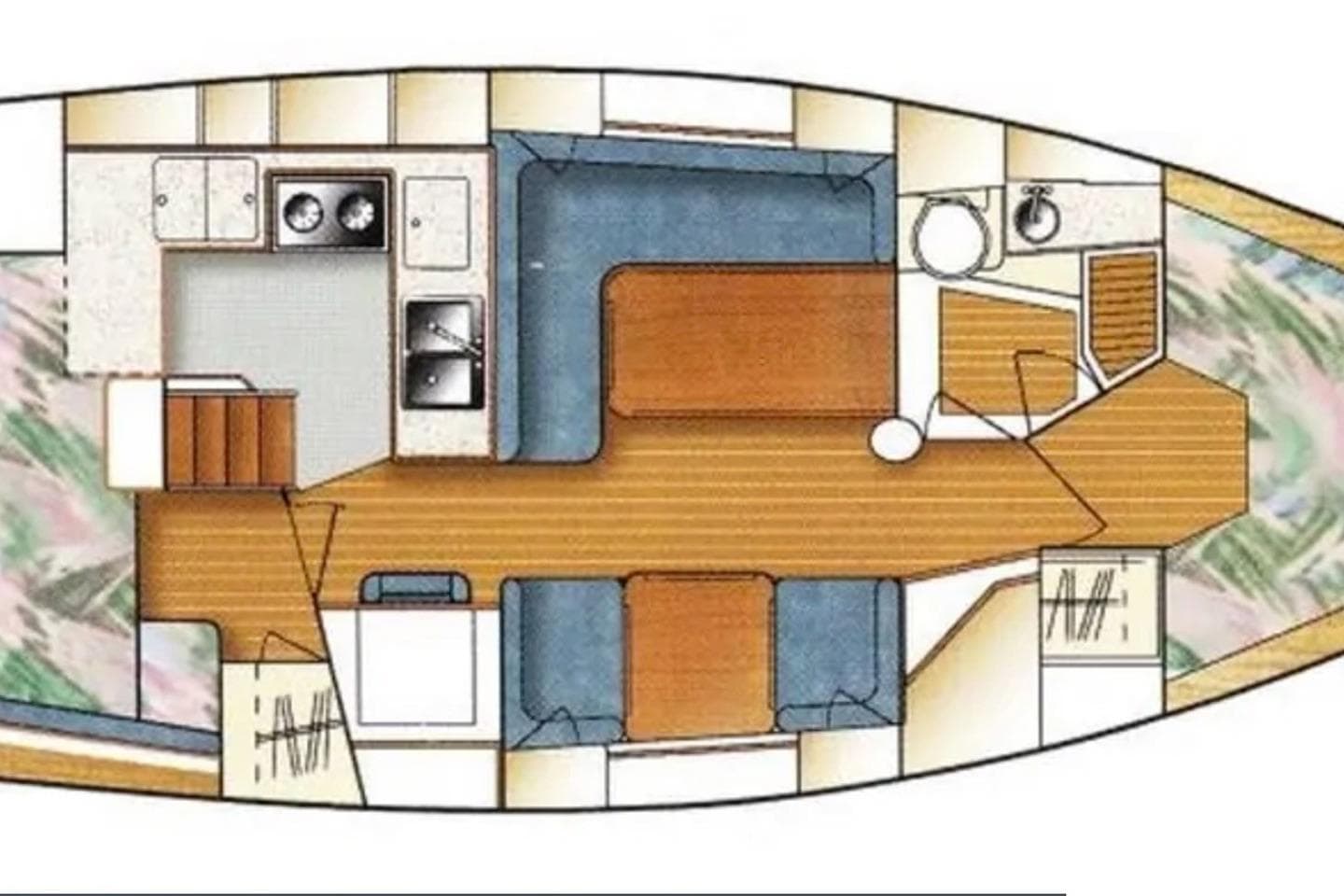 Floor plan of a 2001 Catalina 36 MkII sailboat, featuring kitchen, seating, and bathroom areas.