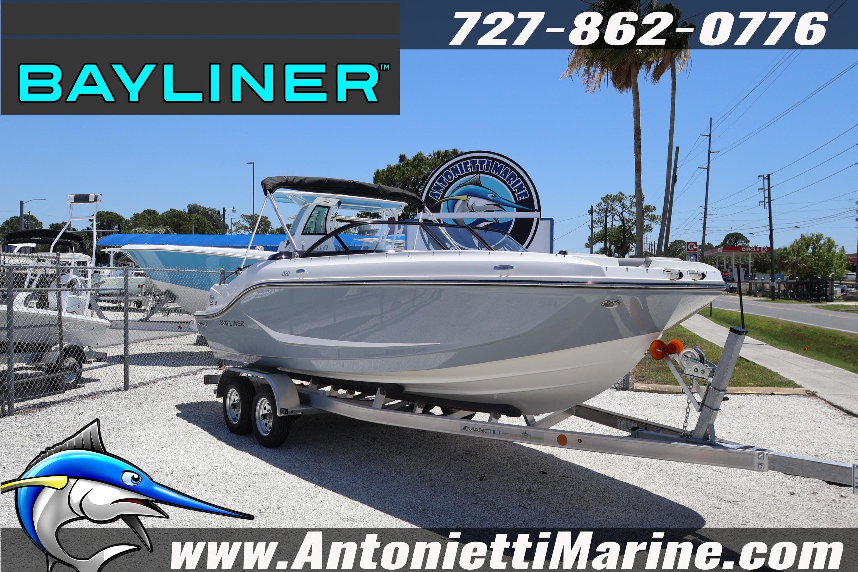 2026 Bayliner D20 boat on trailer at Antonietti Marine dealership.