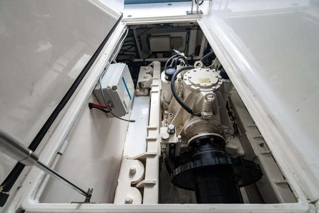 Engine compartment of 2013 Lanzarote Ventuno 73, showcasing mechanical components and wiring.