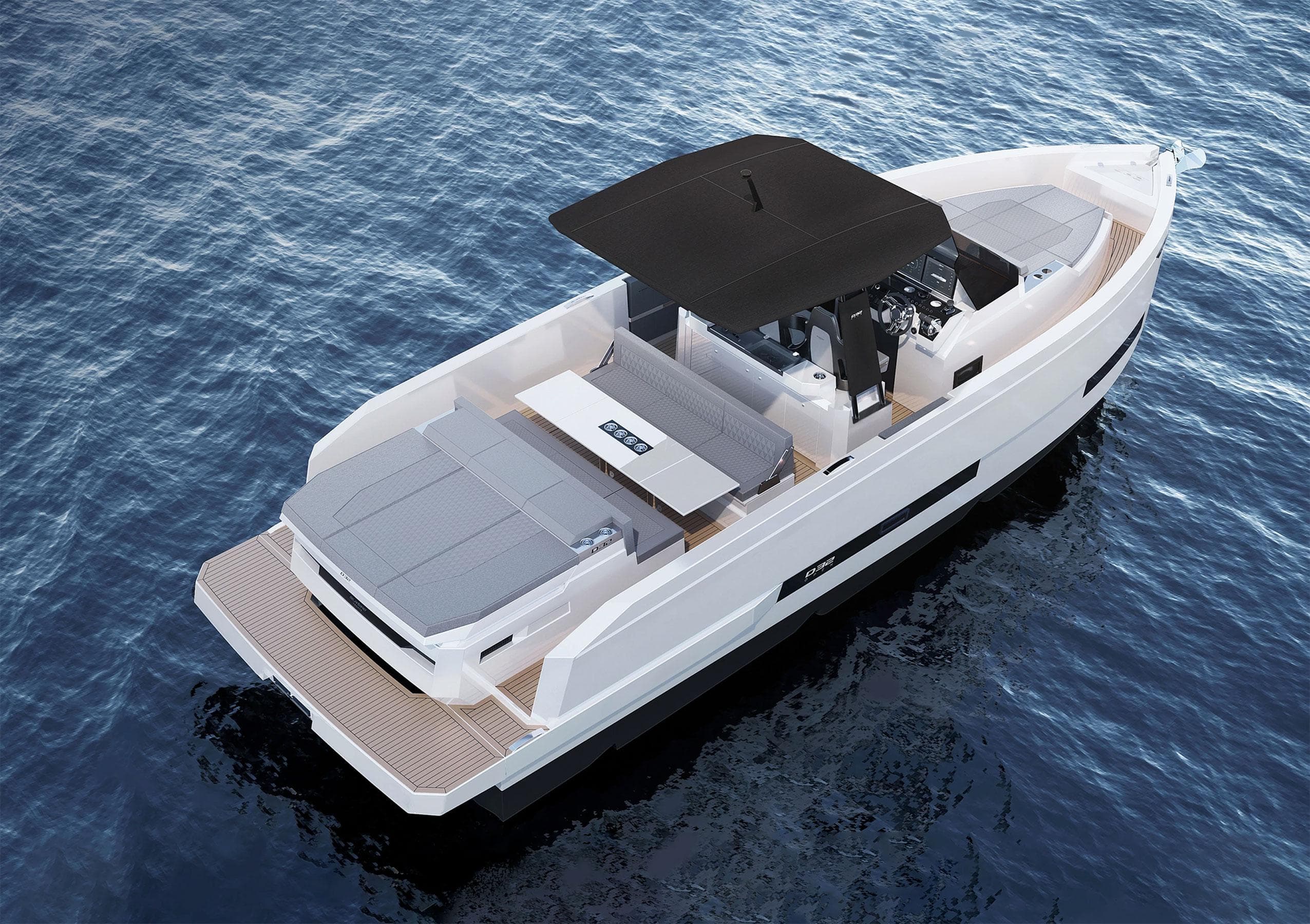 2025 De Antonio Yachts D32 OPEN on water, featuring sleek design and spacious deck.