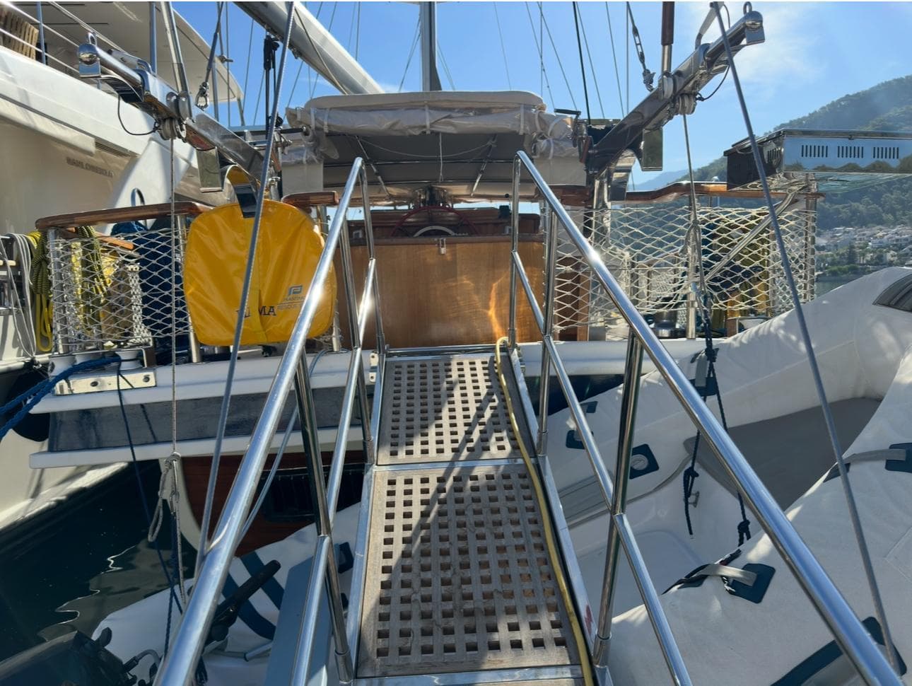 Custom 1994 ABATS Gulet Ketch with boarding ramp and safety equipment, docked in a marina.