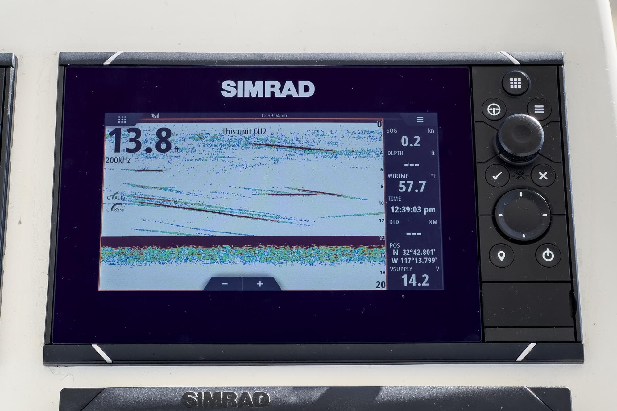Simrad fishfinder on 1974 Pacemaker Sportfisher boat.