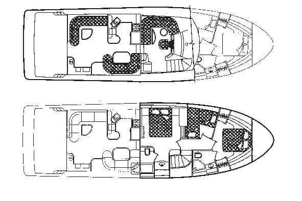 Floor plan of 2000 Bayliner 5788 Pilot House Motoryacht, showcasing interior layout and design.