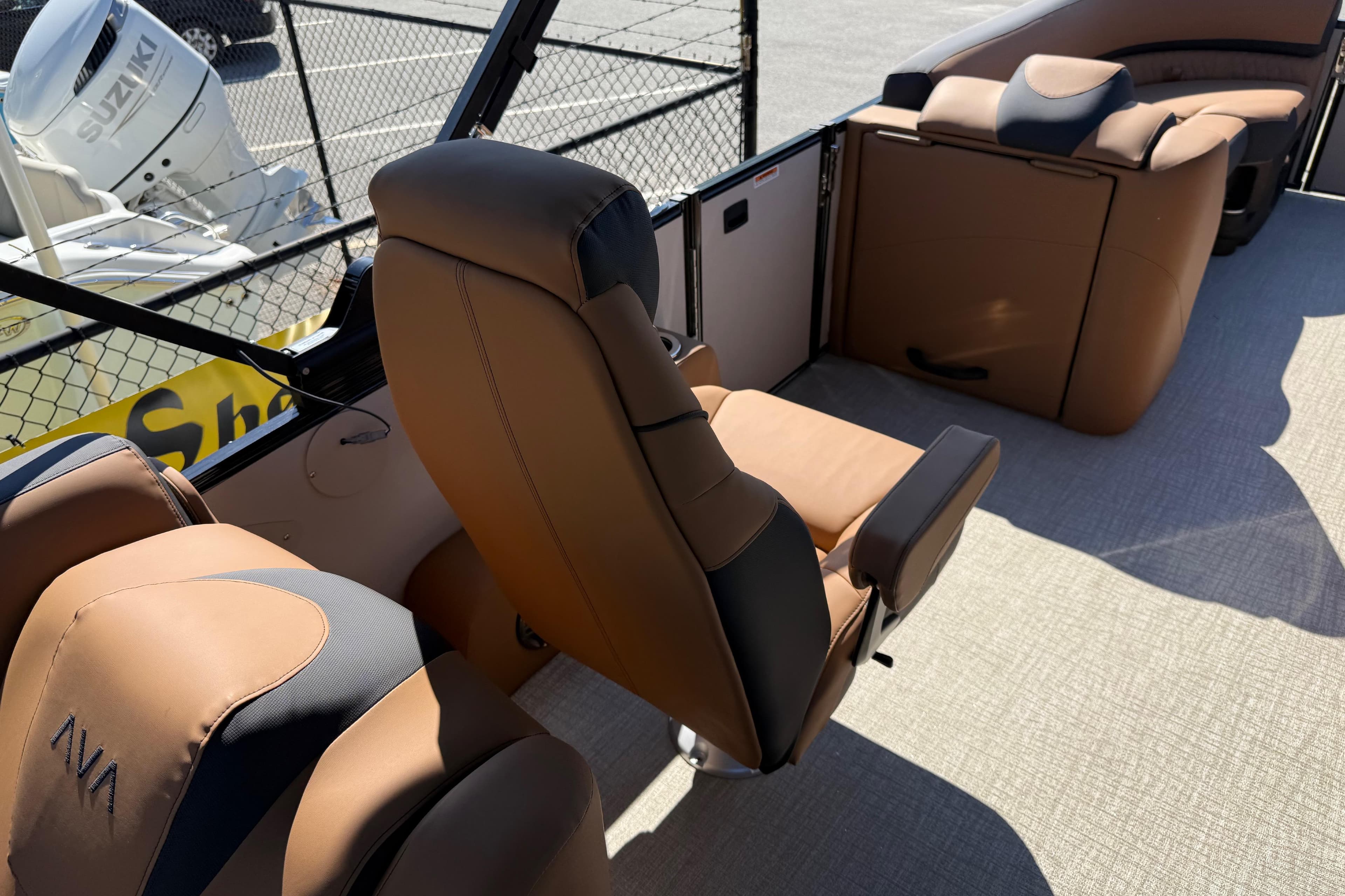 Luxurious seating on 2026 Avalon Catalina Quad Lounge boat, featuring premium upholstery and modern design.