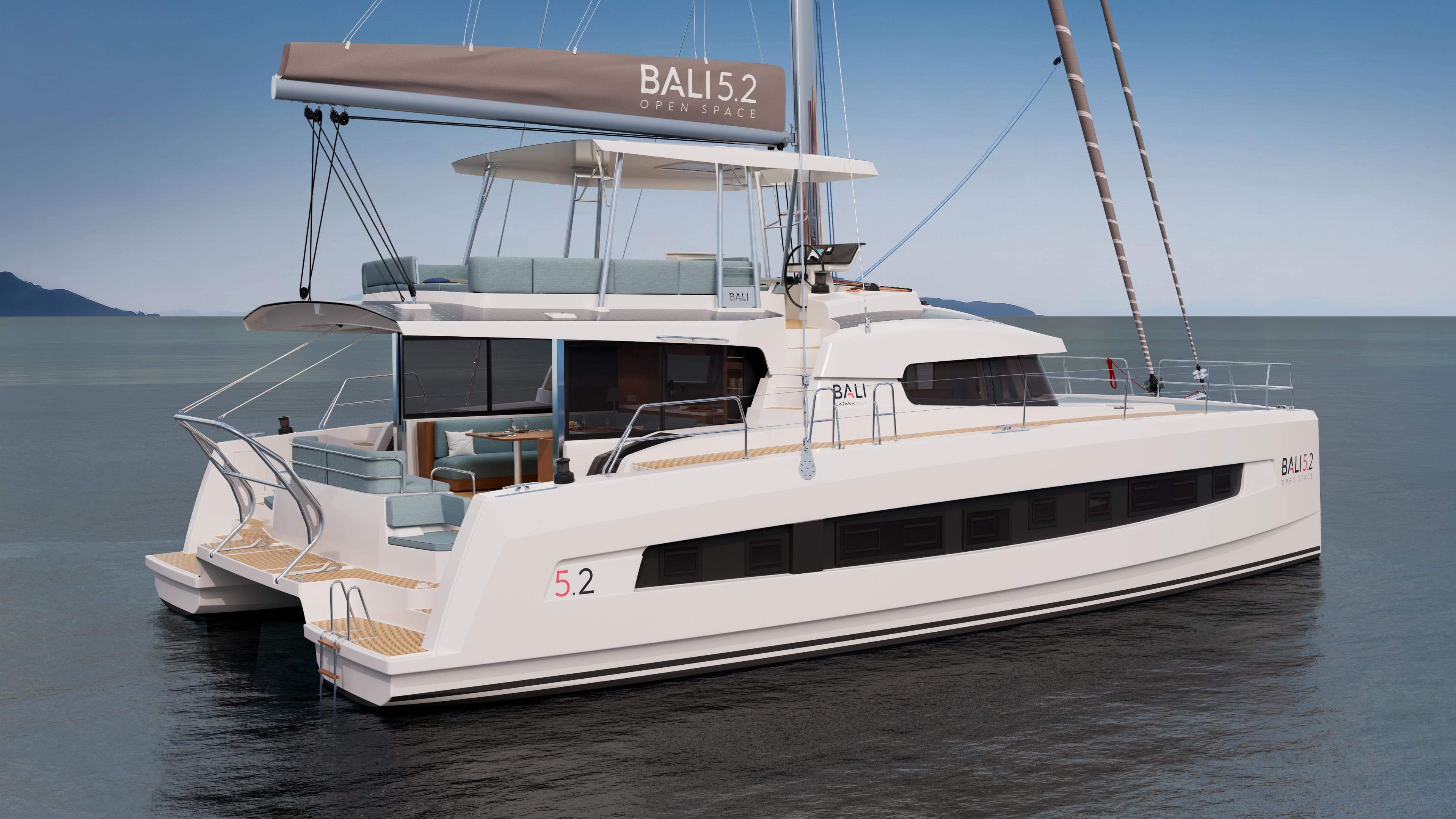 Modern Bali 5.2 catamaran yacht on calm sea, 2026 model, featuring spacious deck and sleek design.