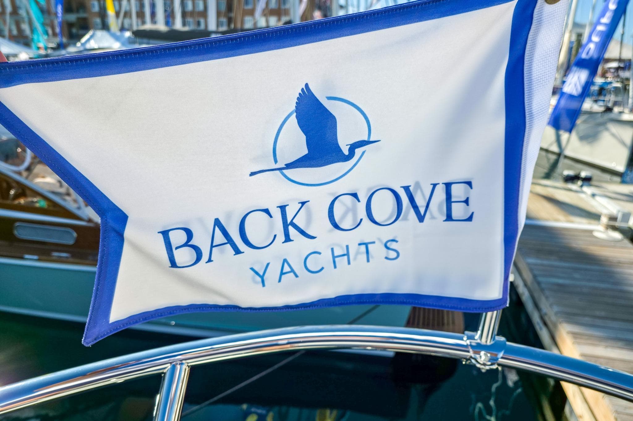 Flag displaying Back Cove Yachts logo on a 2026 Back Cove 412.
