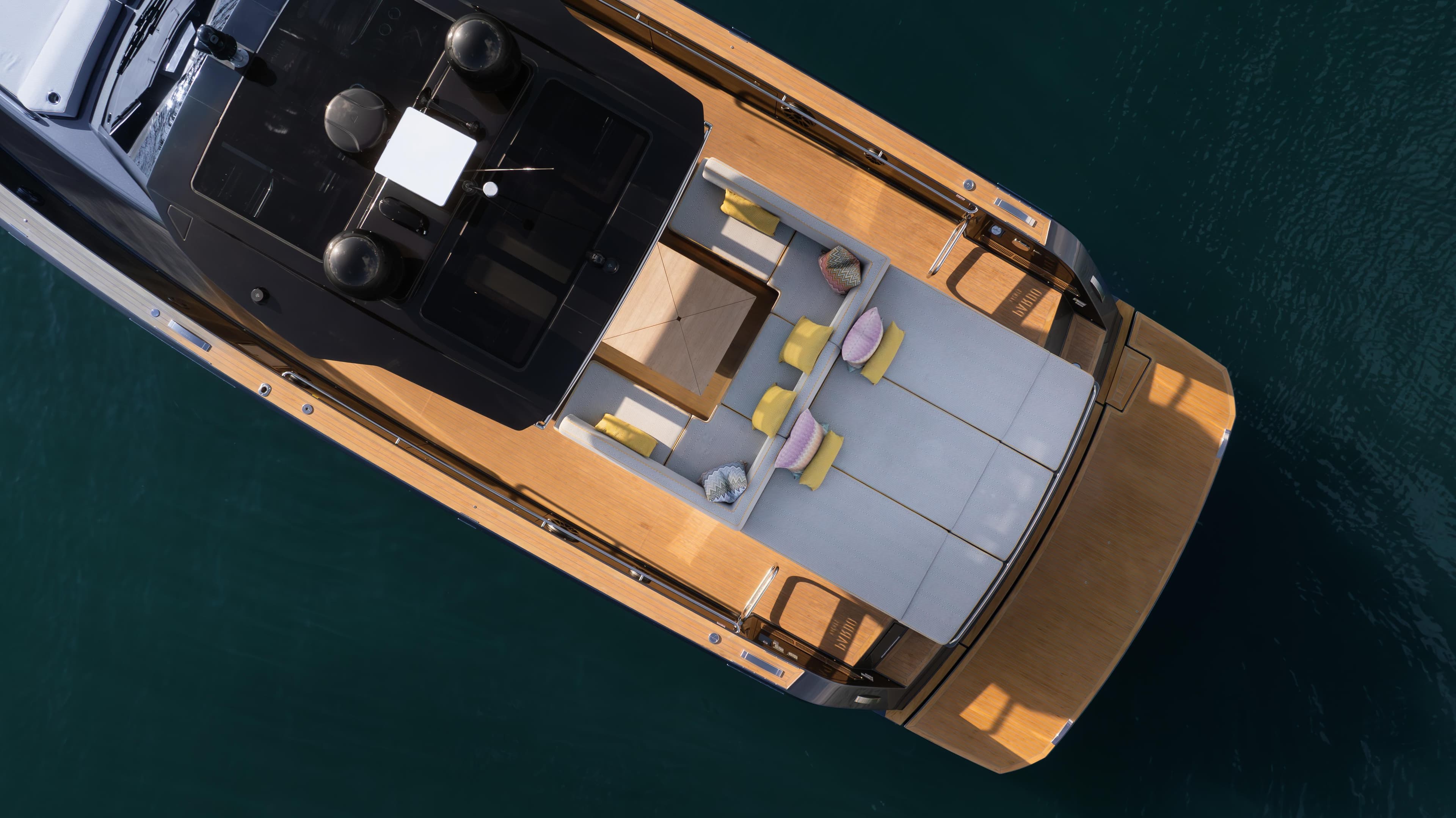 2023 Pardo Yachts P50 luxury yacht, aerial view, showcasing sleek design and spacious deck.