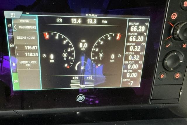 Dashboard of 2023 Formula 350 Crossover Bowrider I/O showing engine metrics and maintenance data.