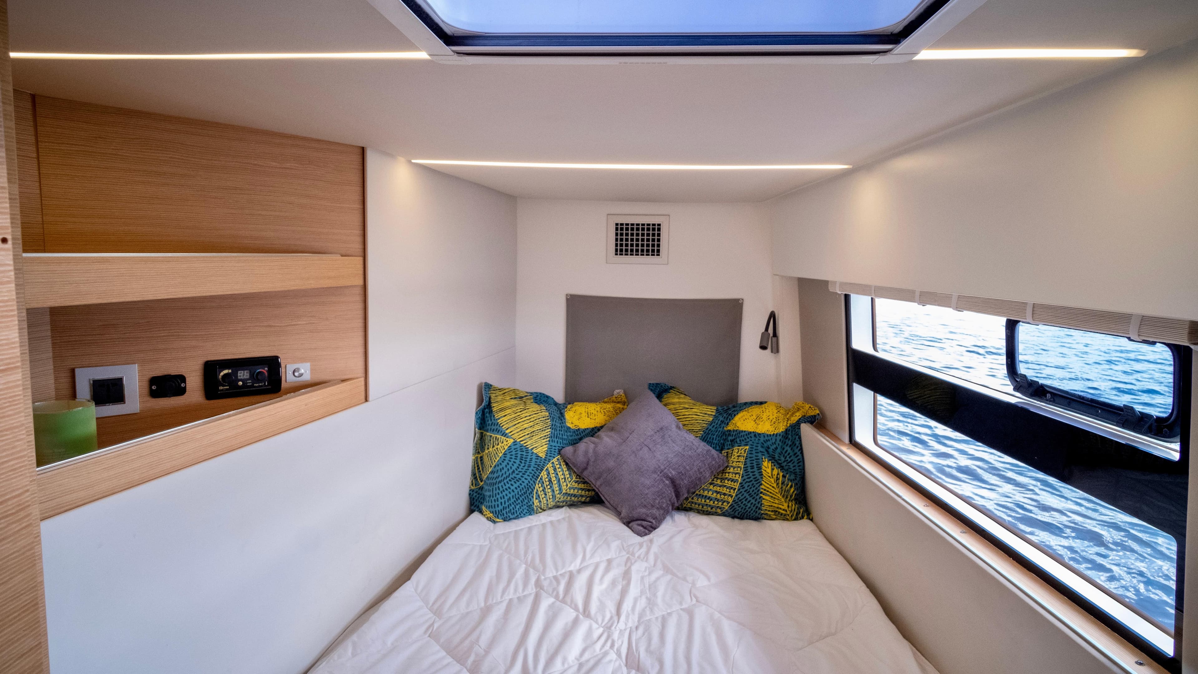Interior of 2019 Nautitech 40 Open with bed and window.