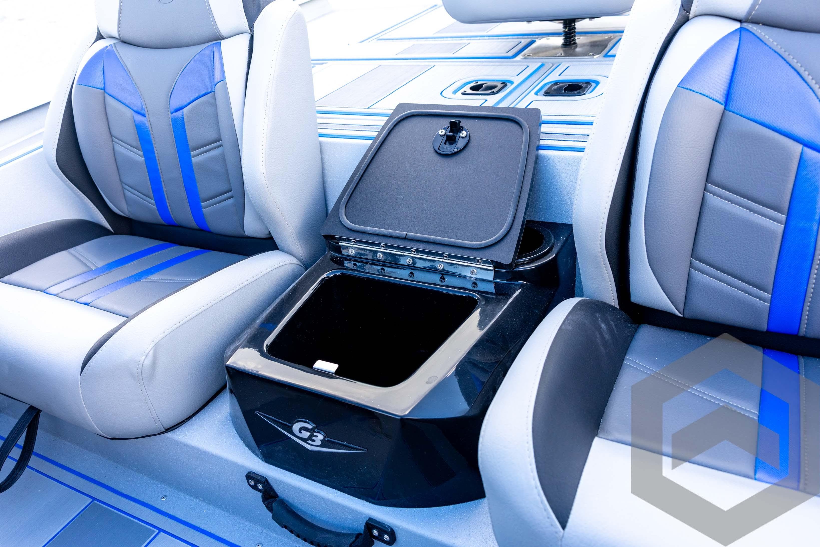 2026 G3 Sportsman 1710 SE boat interior with open storage compartment and stylish seating.