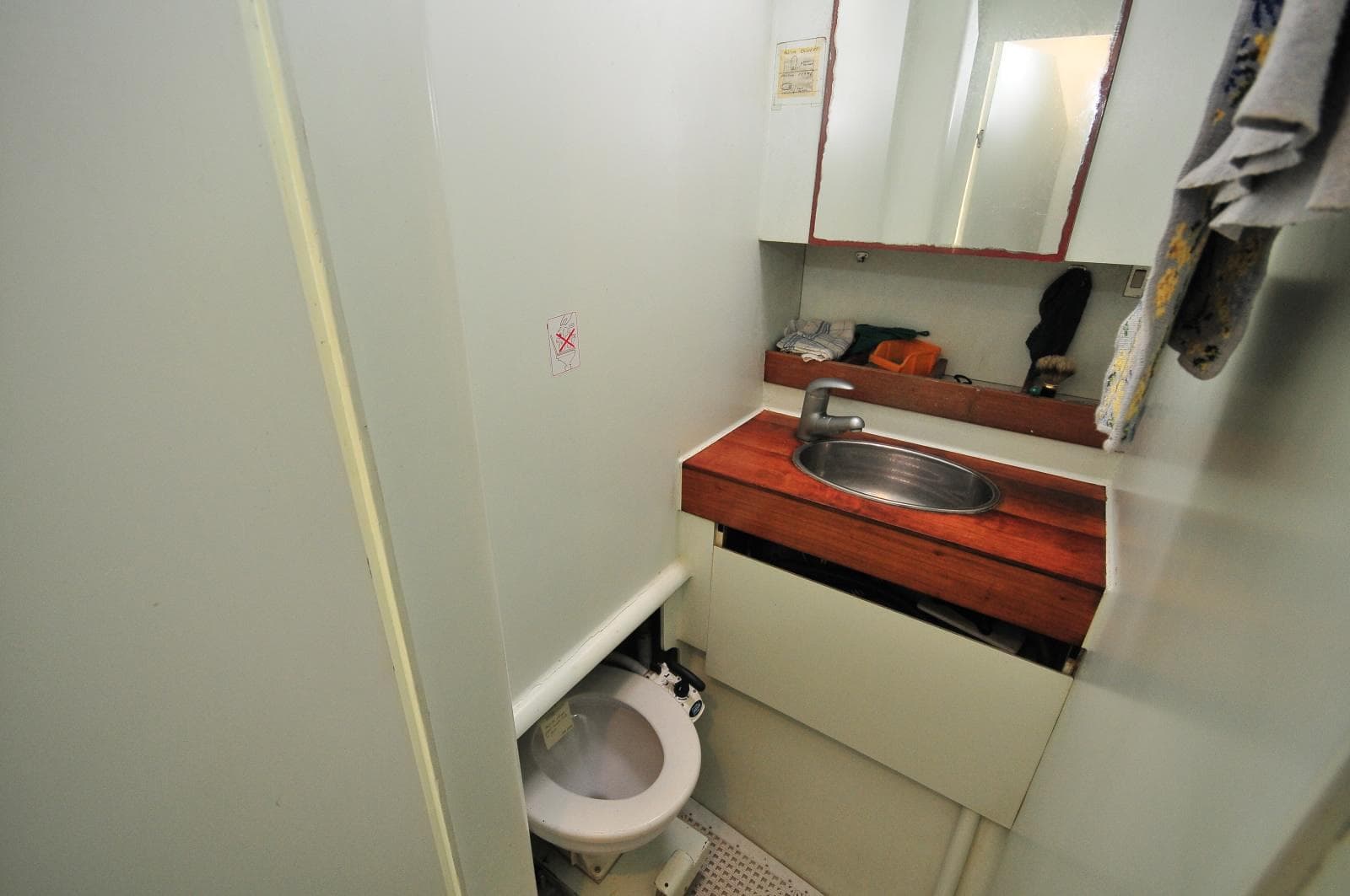 Compact bathroom in 2008 Trimaran POLYNESIA 42 with sink, mirror, and toilet.
