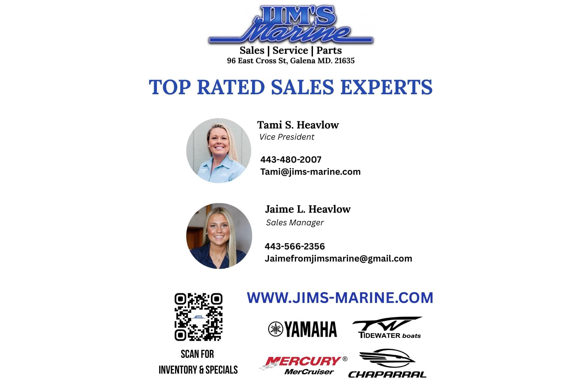 Jim's Marine sales experts, contact info, Tidewater 232 LXF 2026, Yamaha, Mercury, Chaparral logos.