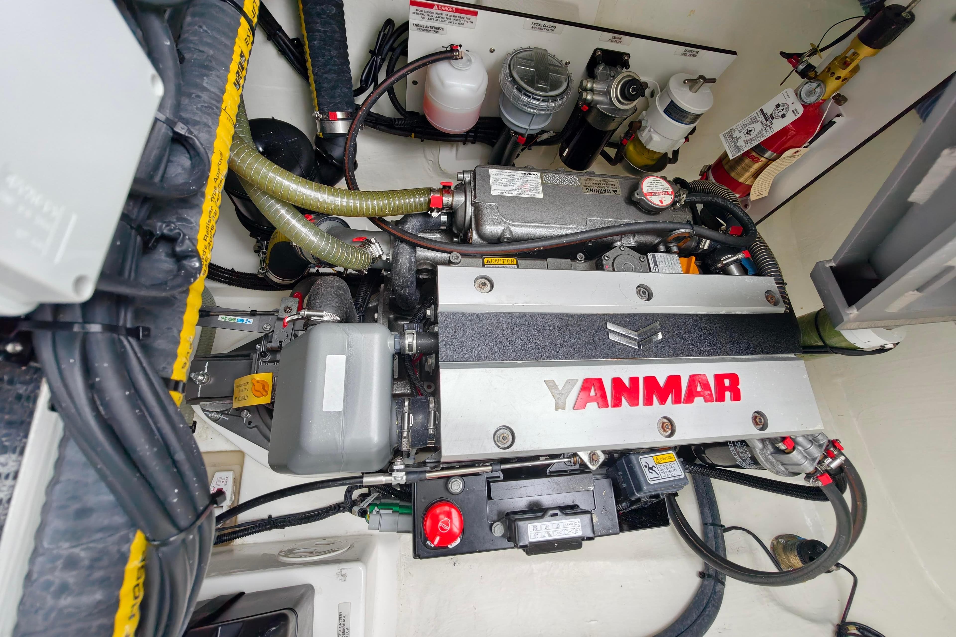 Engine room of 2025 Leopard 42 yacht featuring a Yanmar engine.