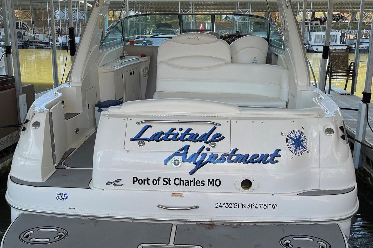 2001 Sea Ray 340 Sundancer boat named "Latitude Adjustment" docked at Port of St Charles, MO.