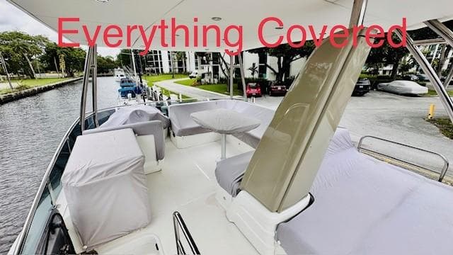 Flybridge of 2022 Greenline 48 yacht with covered seating and table, docked by a canal.