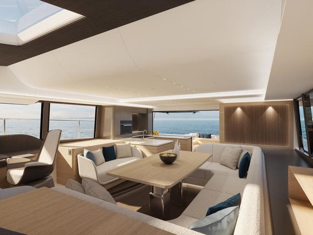 Luxurious interior of 2025 Fountaine Pajot VEYA YACHT V53 with modern seating and ocean view.