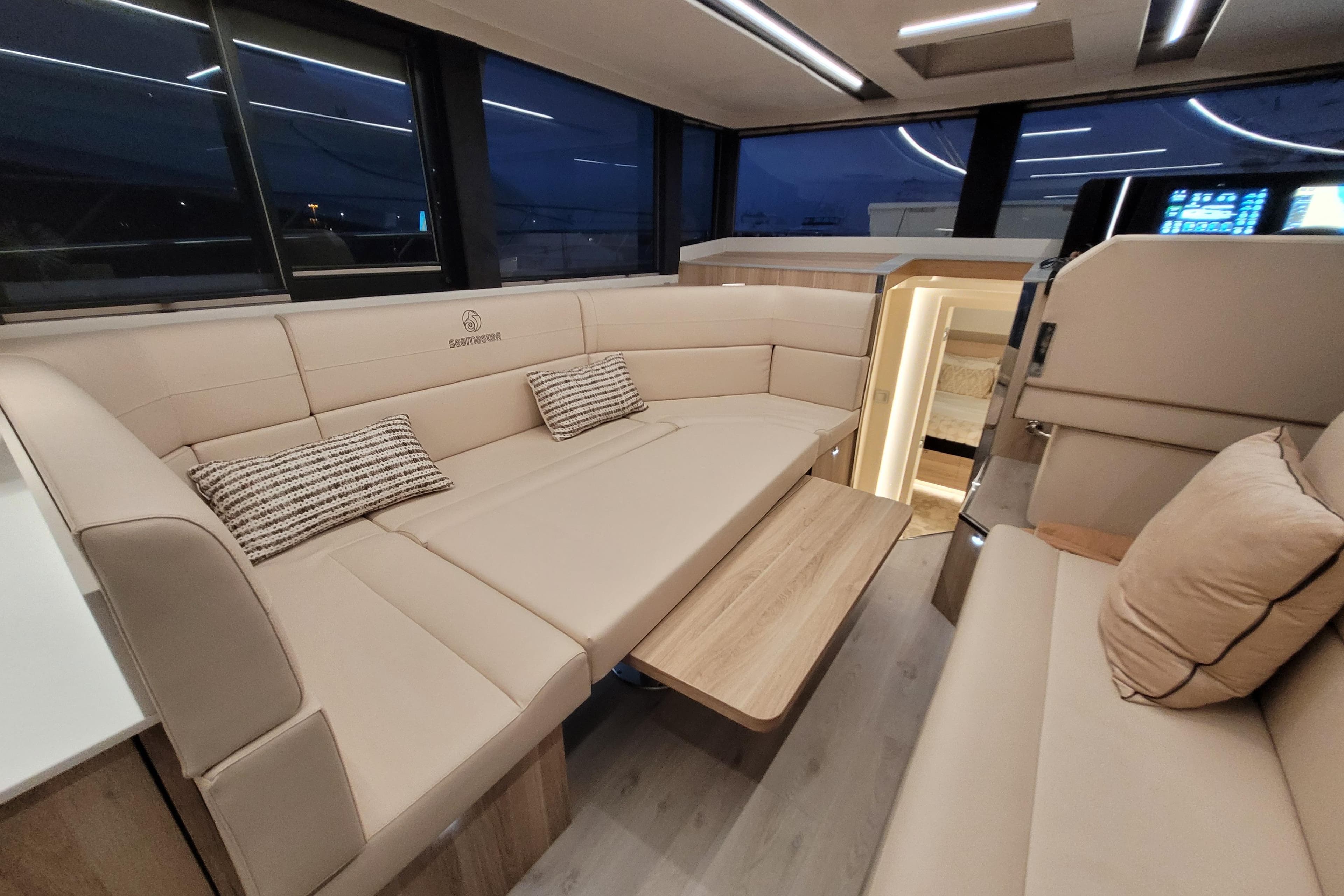 Luxurious interior of 2026 Cobra Yachts Seamaster 45 with elegant seating and modern design.