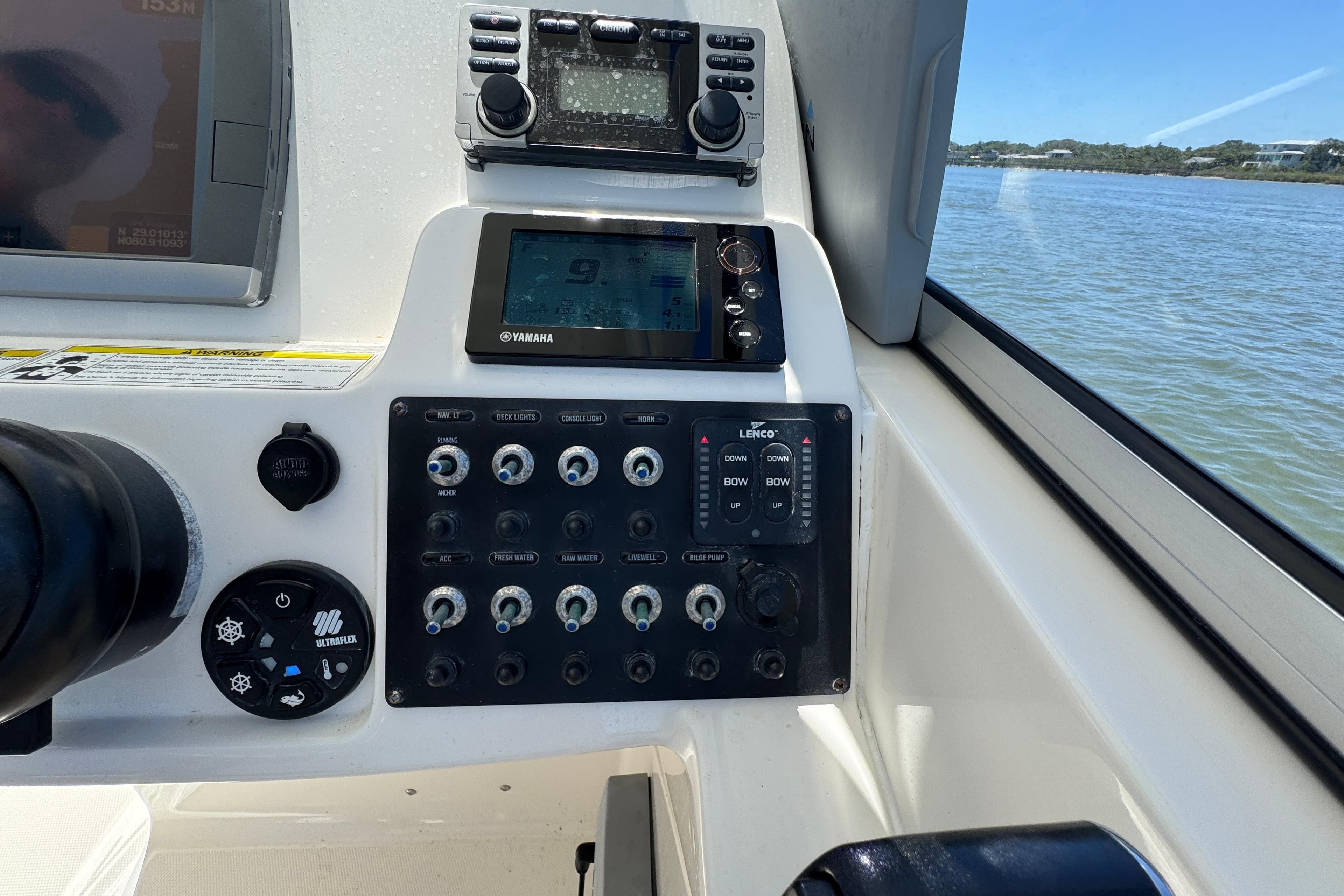 Control panel of a 2012 Edgewater 245CX Crossover boat with Yamaha display.