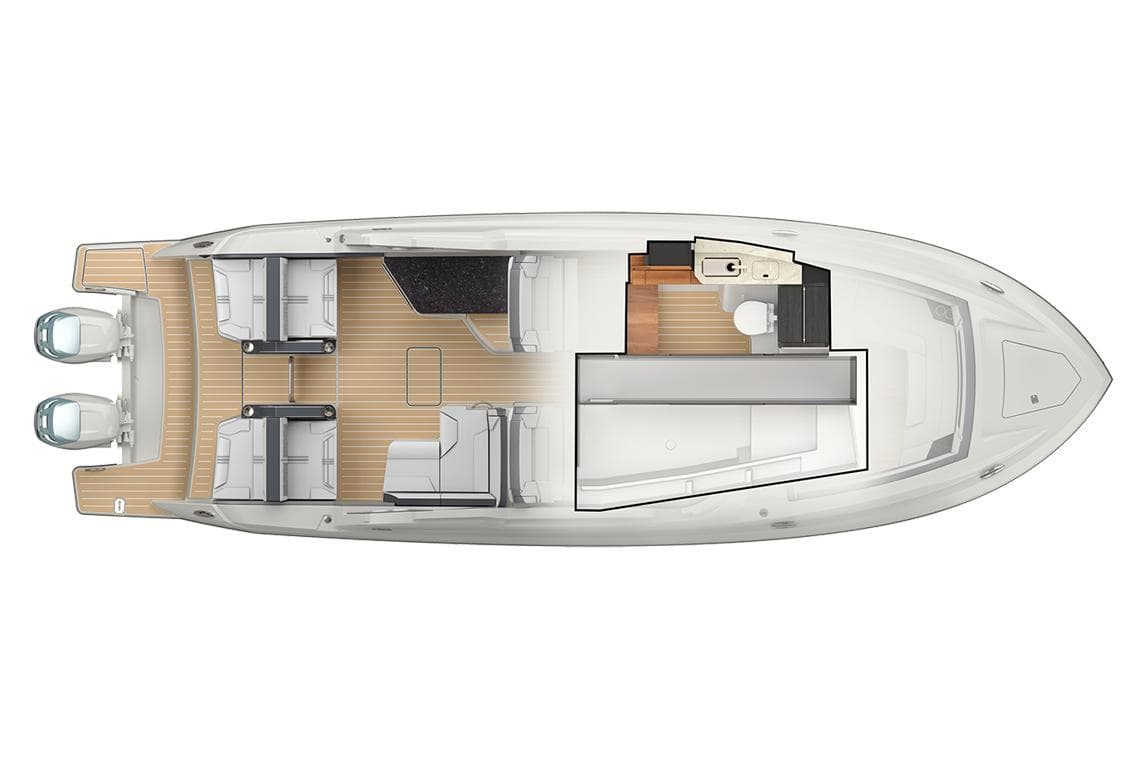 Manufacturer Provided Image: Top view of 2025 Tiara Yachts 34 LX layout with seating and cabin areas.