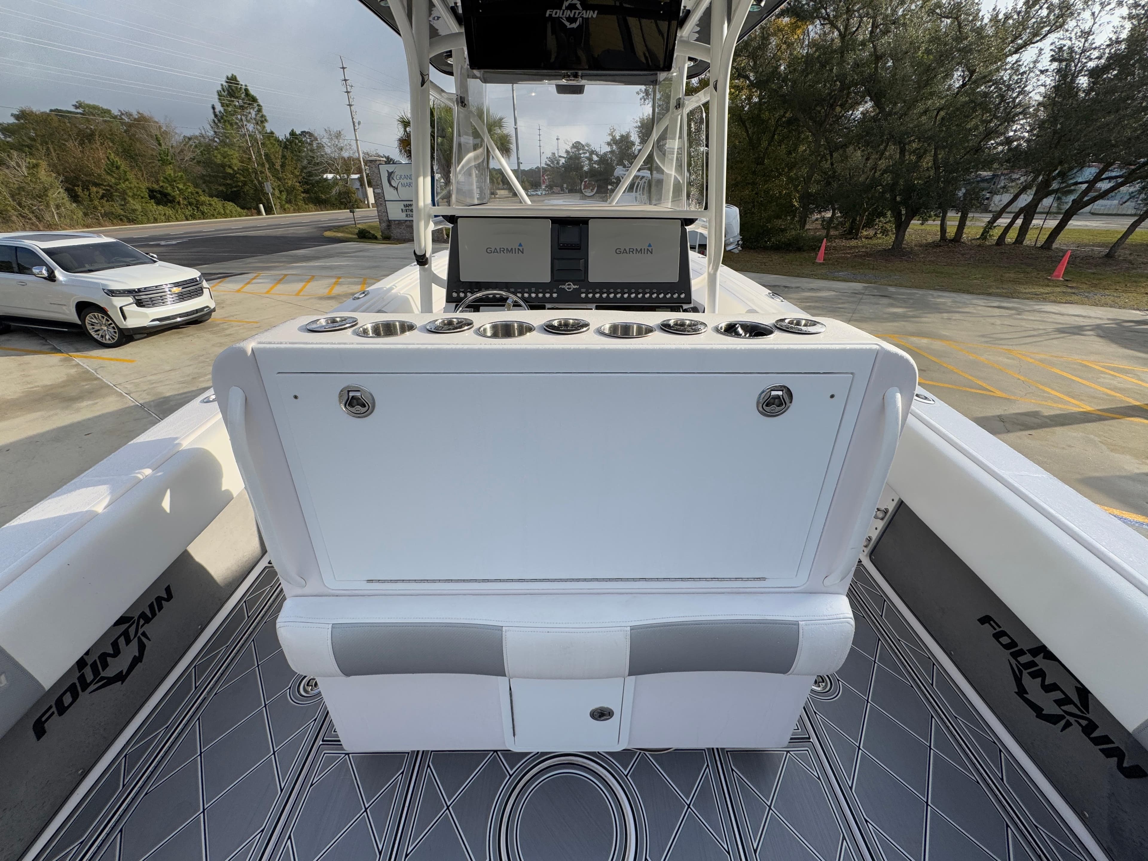 2018 Fountain 34 CC boat interior with console and seating.