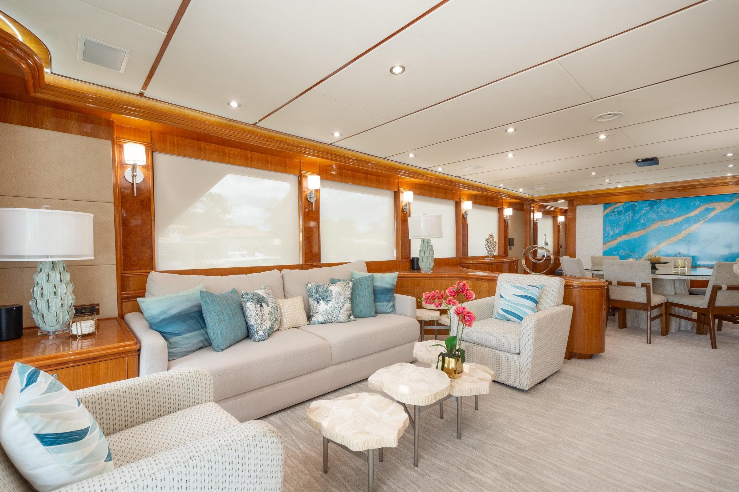 Luxurious interior of 2006 Hargrave Raised Pilothouse yacht with elegant seating and decor.