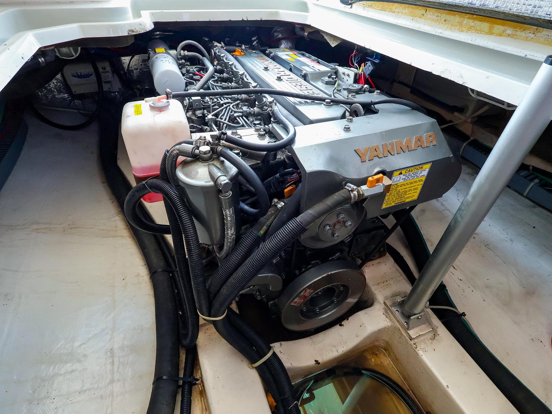 Engine compartment of a 2004 True North 38 boat with Yanmar engine.