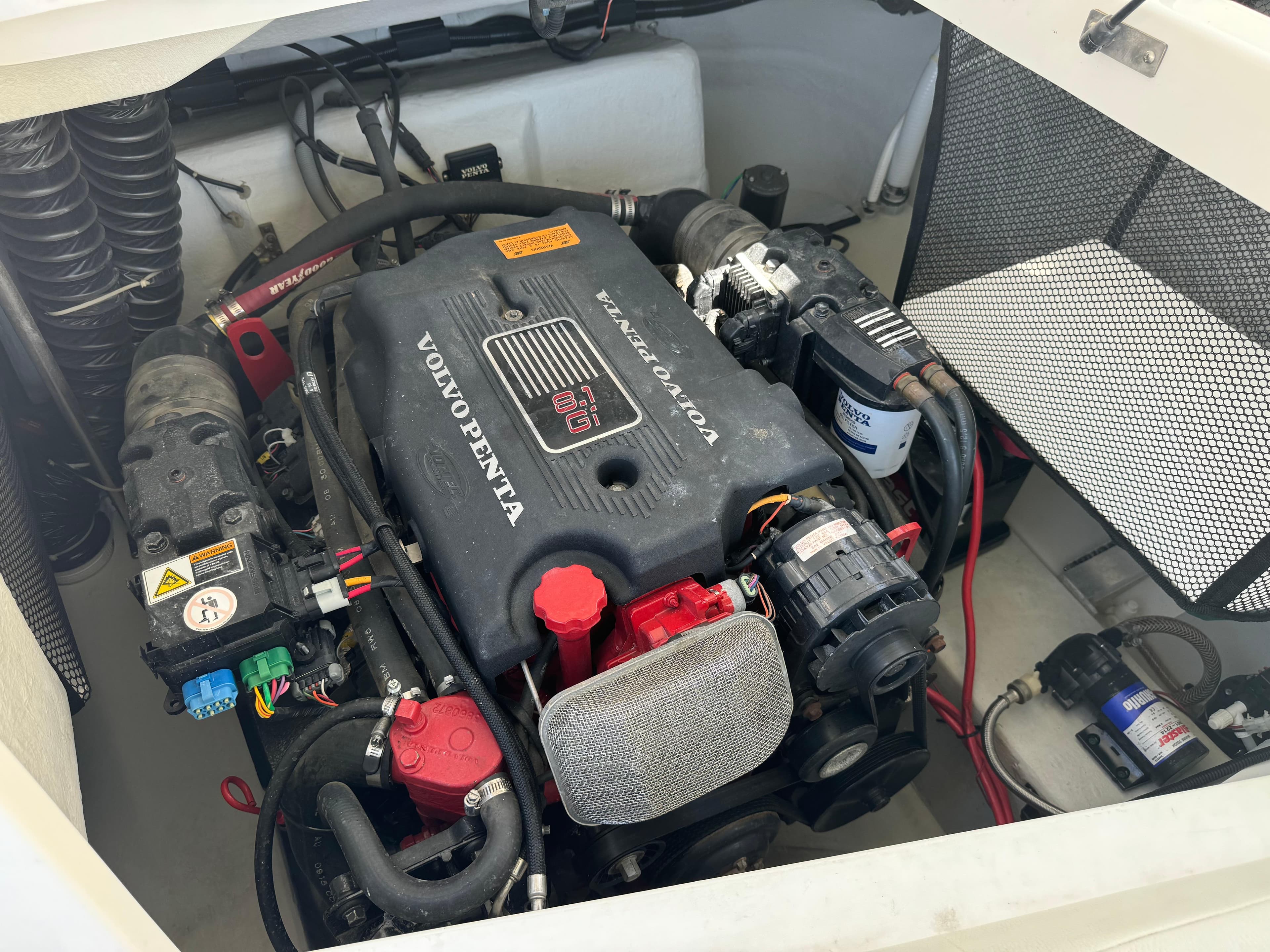 Engine compartment of a 2001 Cobalt 25 LS boat with Volvo Penta engine.