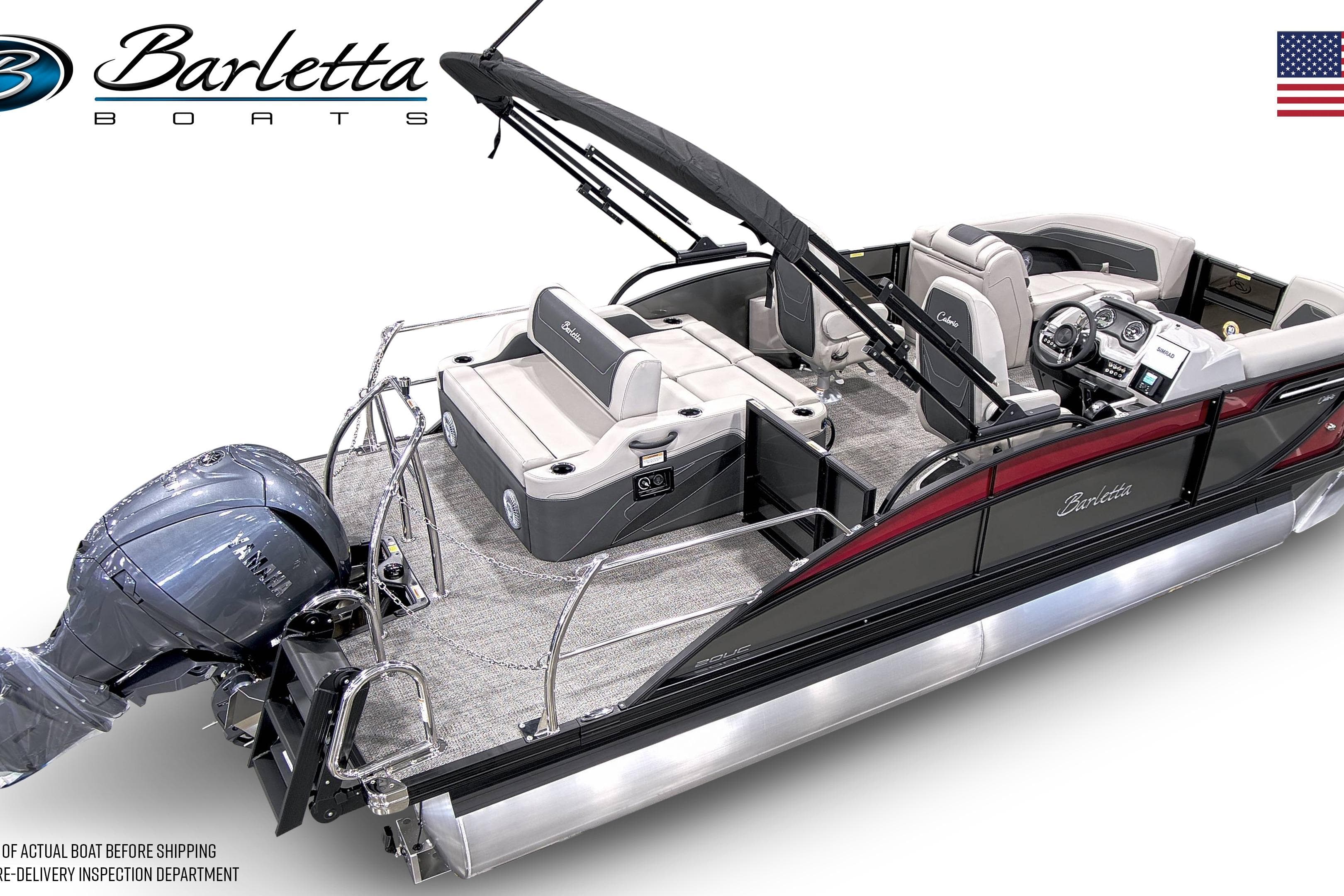 2026 Barletta Cabrio 20UC pontoon boat with Yamaha engine, luxury seating, and modern dashboard.