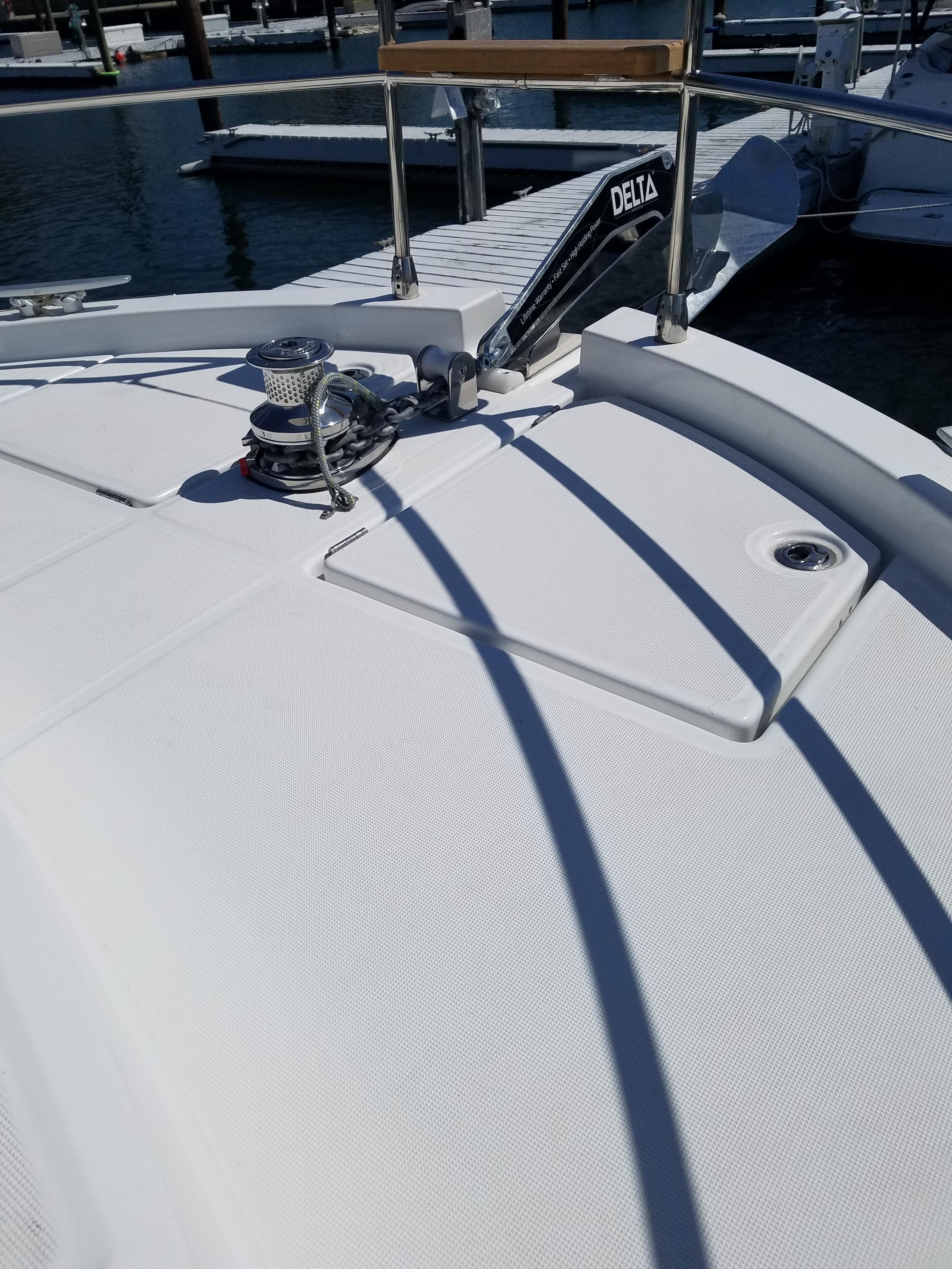 2019 Beneteau Swift Trawler 35 deck with anchor and winch system.