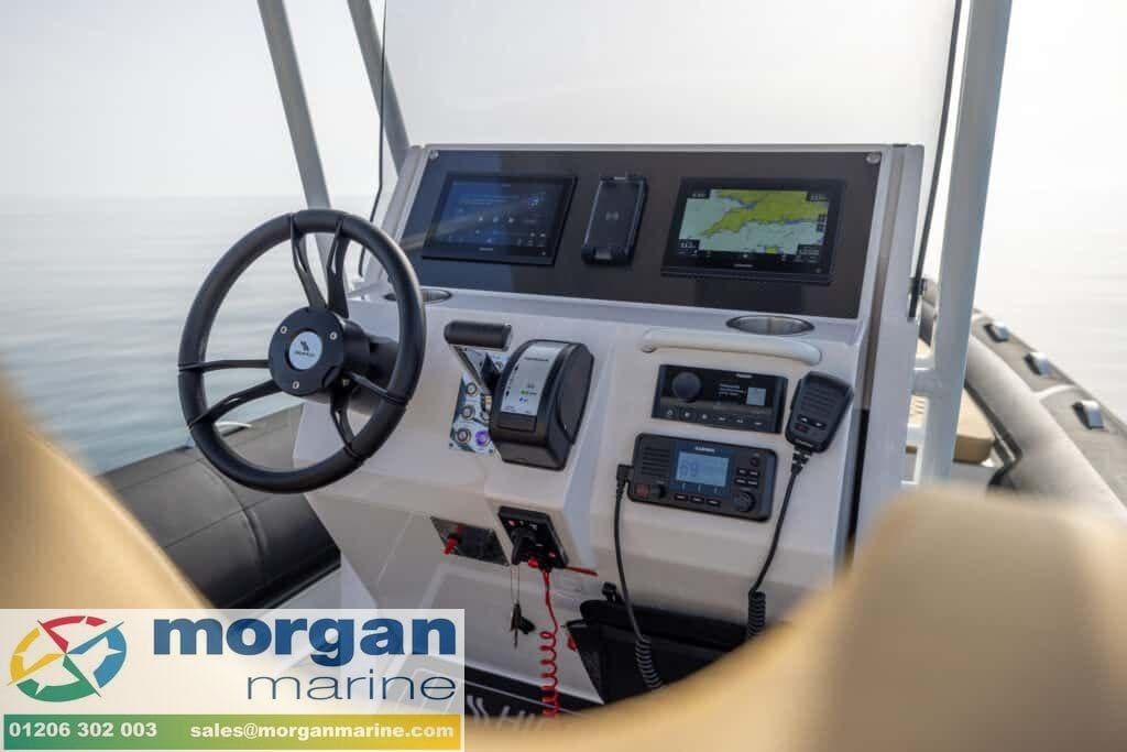 Highfield Sport 800 boat dashboard with navigation equipment, 2026 model, Morgan Marine branding.