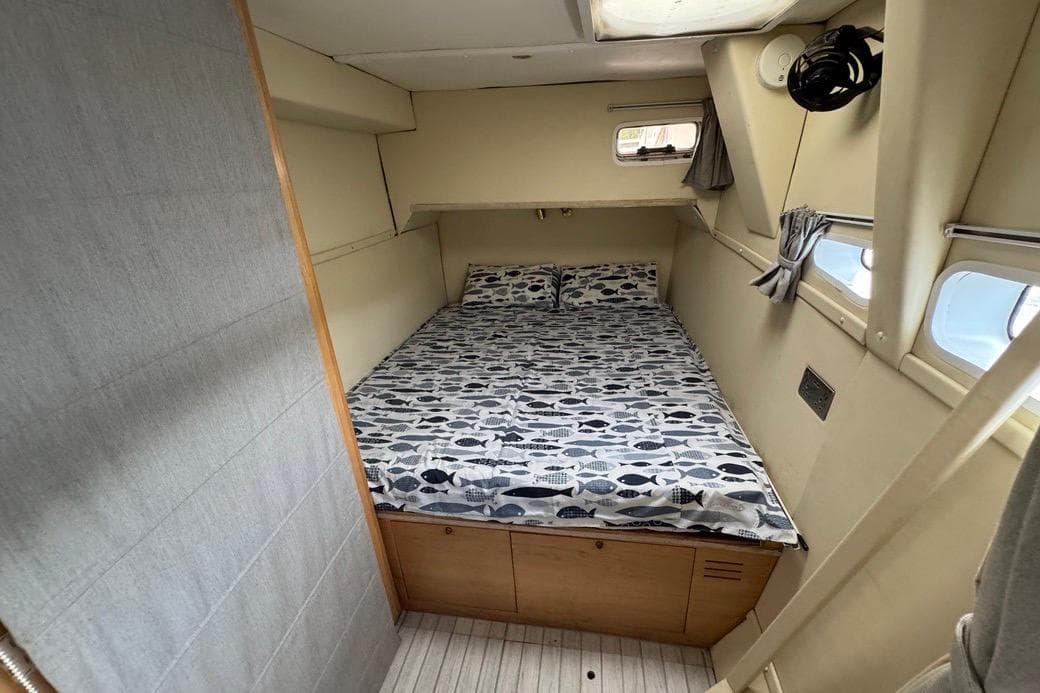 Cozy cabin interior of 2018 Custom COAST 50 boat with fish-patterned bedding.