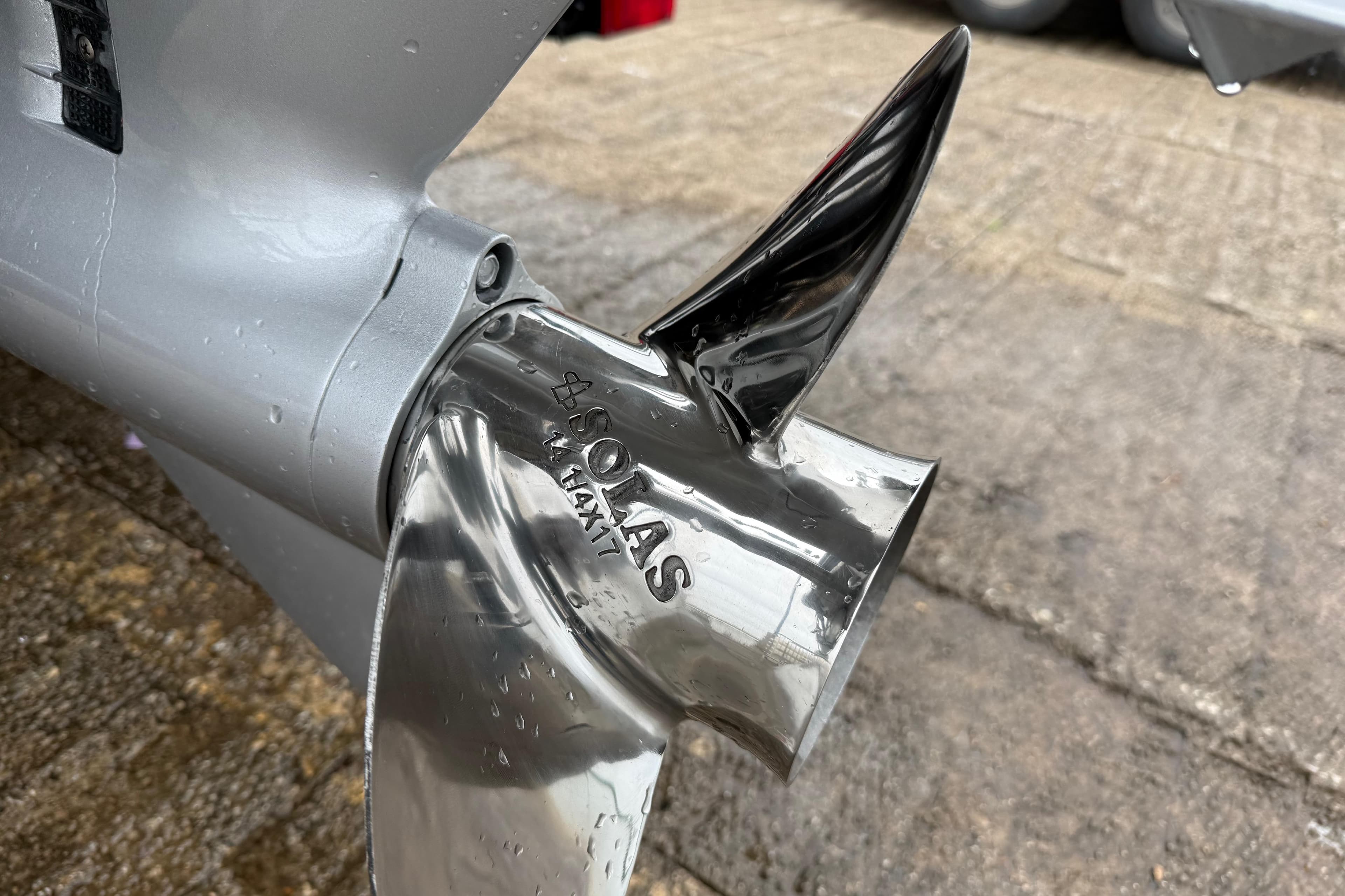 Close-up of a Solas propeller on a 2018 Misty Harbor 210 RF boat.