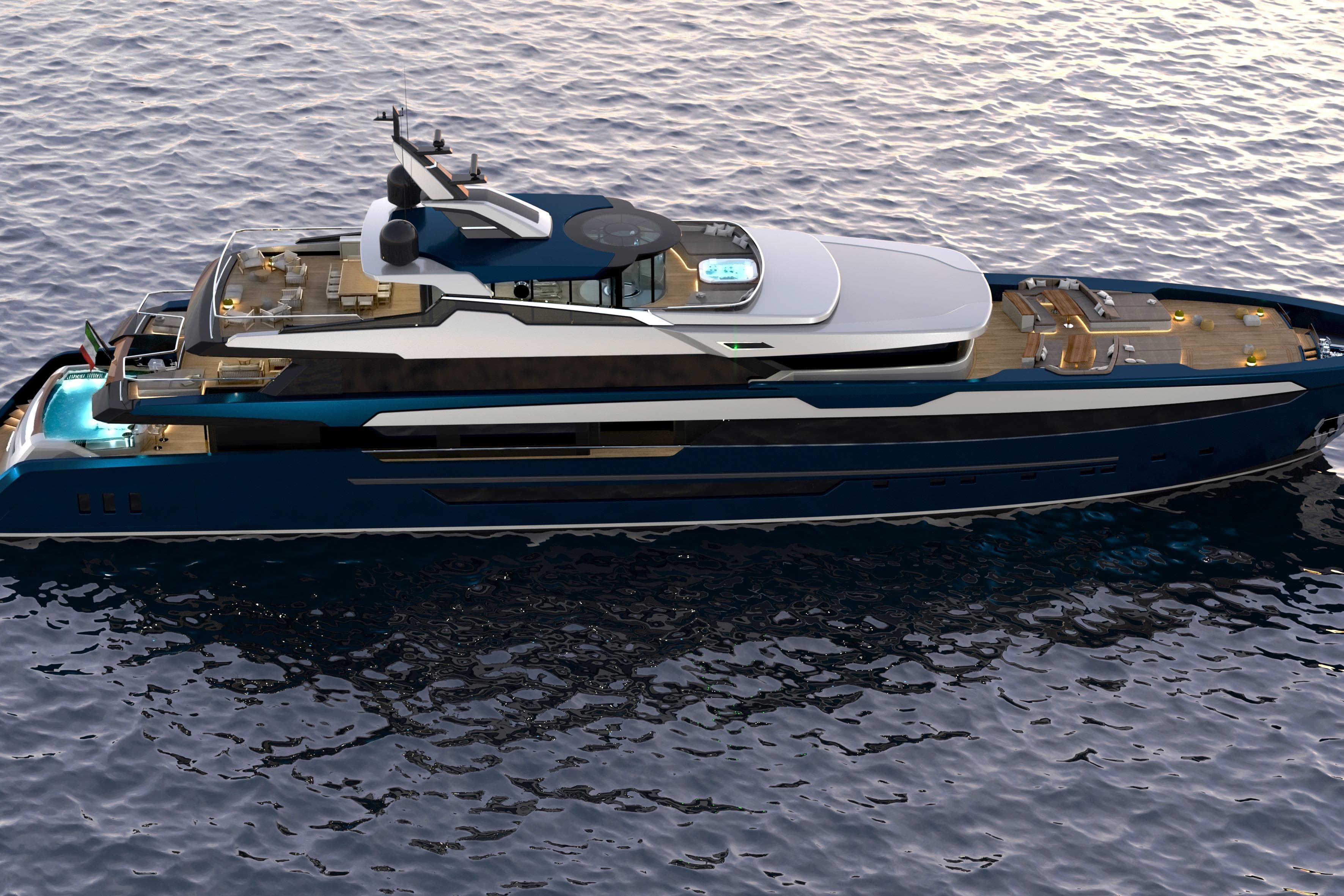 Luxurious BSD Yachting 60m yacht, 2029 model, cruising on serene waters.