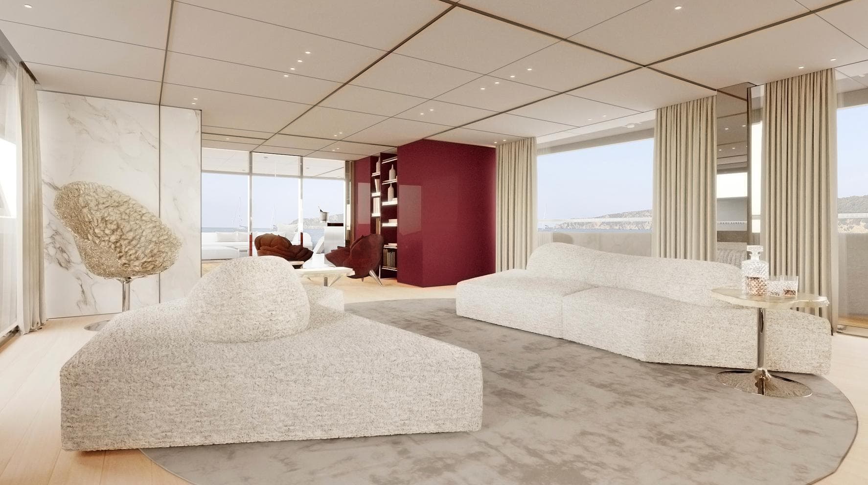 Luxurious yacht interior with modern design, featuring plush seating and elegant decor, Ocean King Doge 350.