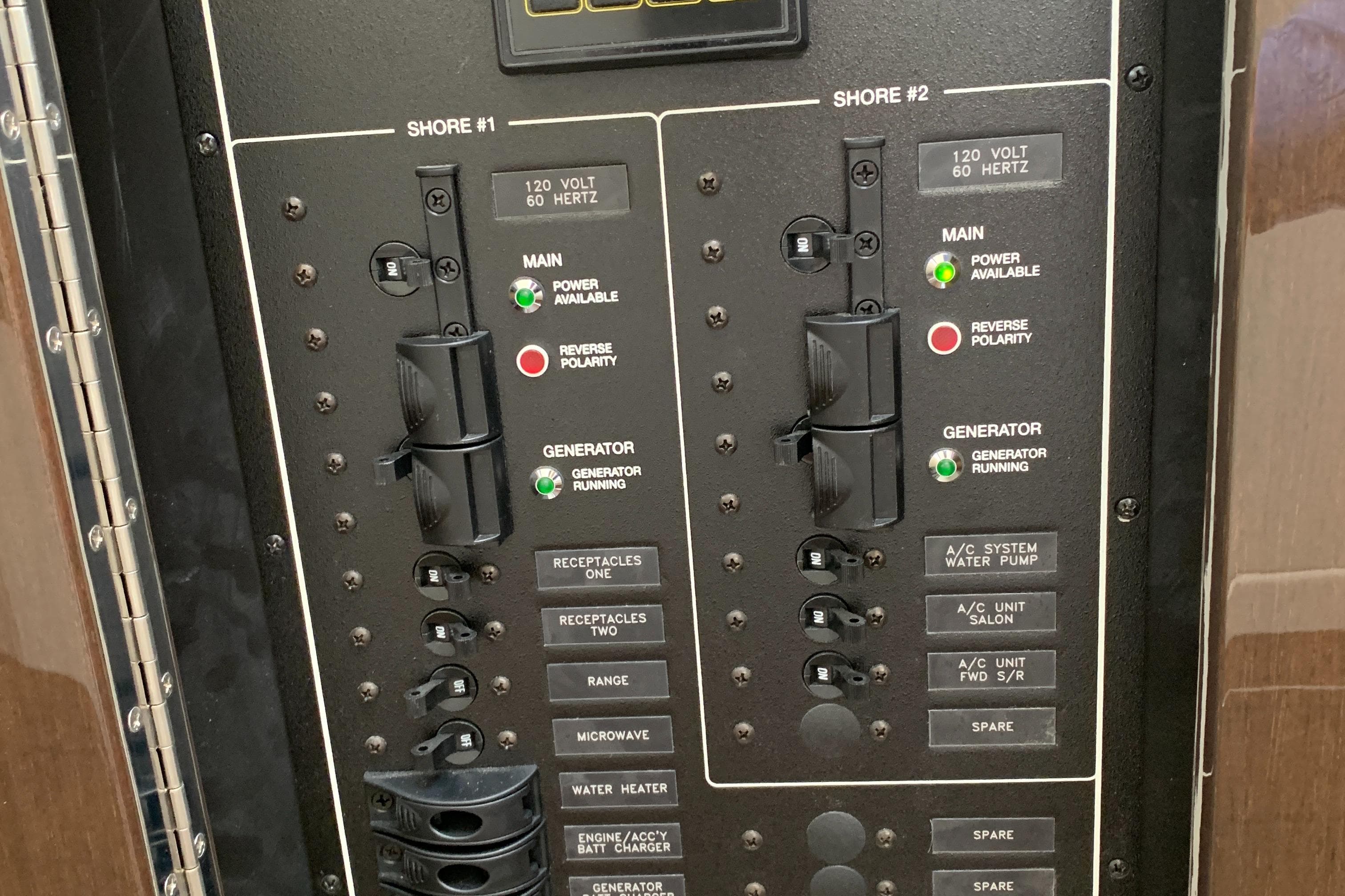 Electrical control panel of a 2020 Carver C37 Coupe boat.