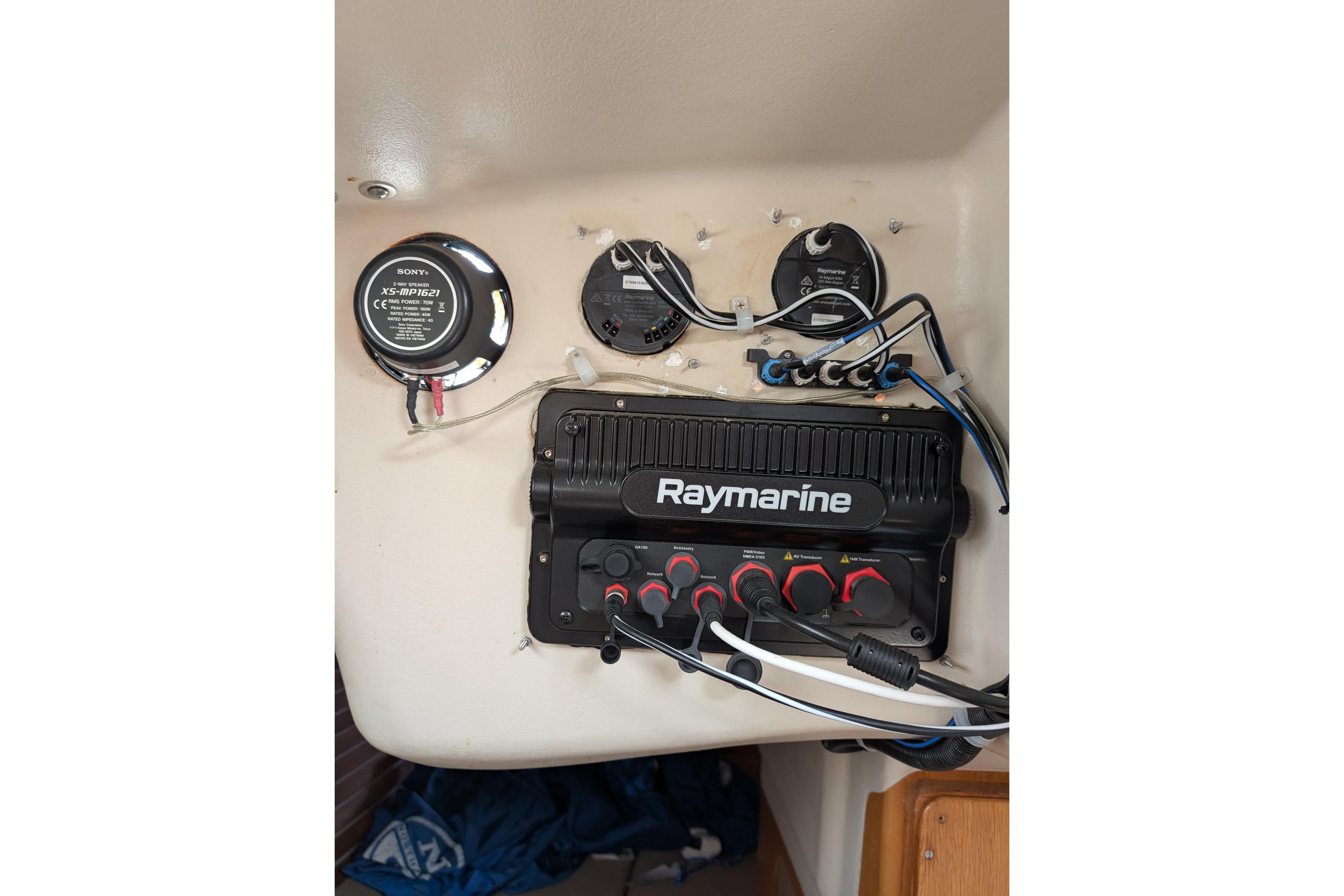 Raymarine marine electronics setup on 1986 Express 37 sailboat, featuring Sony components.