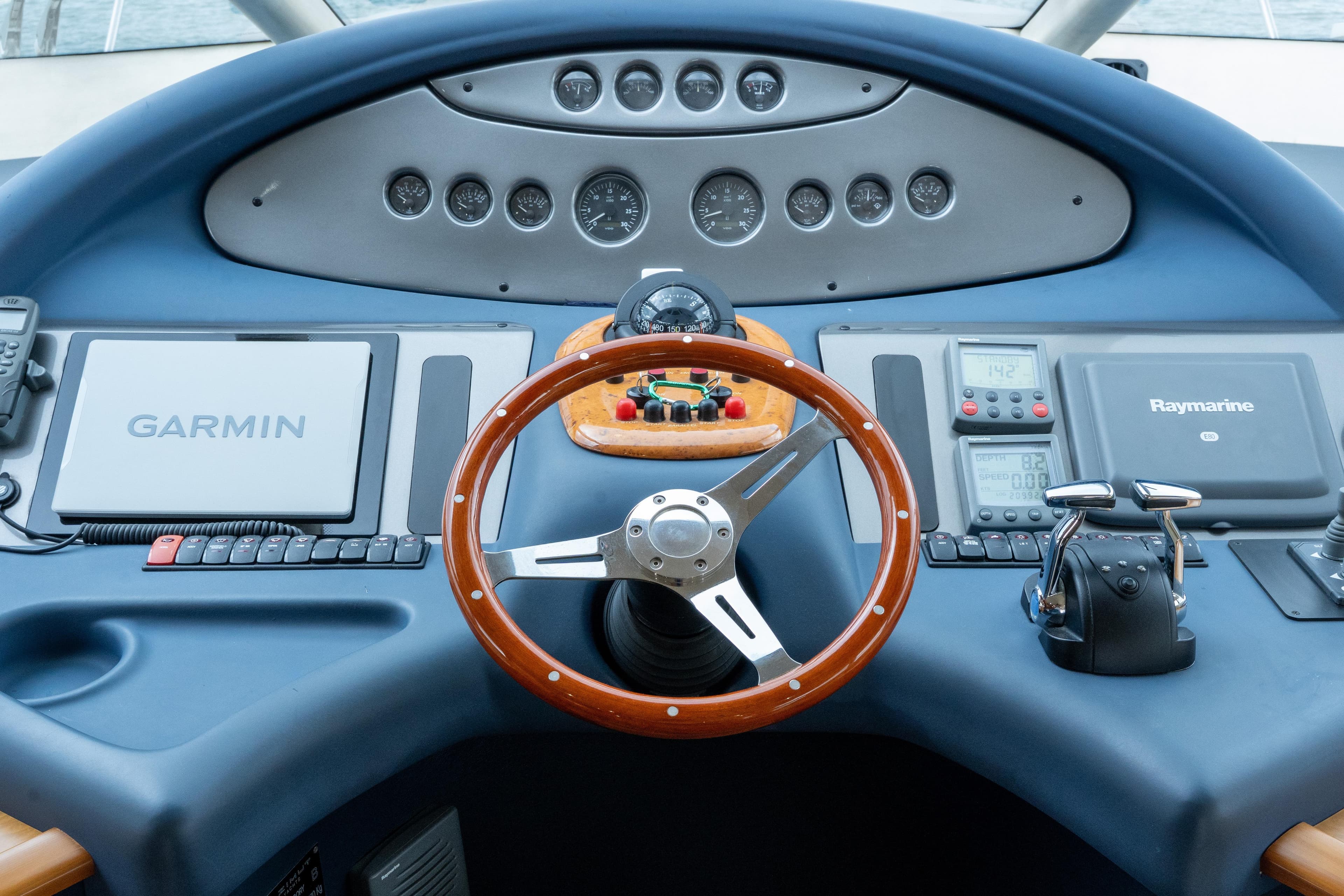 Cockpit of 2008 Azimut 62E yacht with Garmin and Raymarine navigation systems.