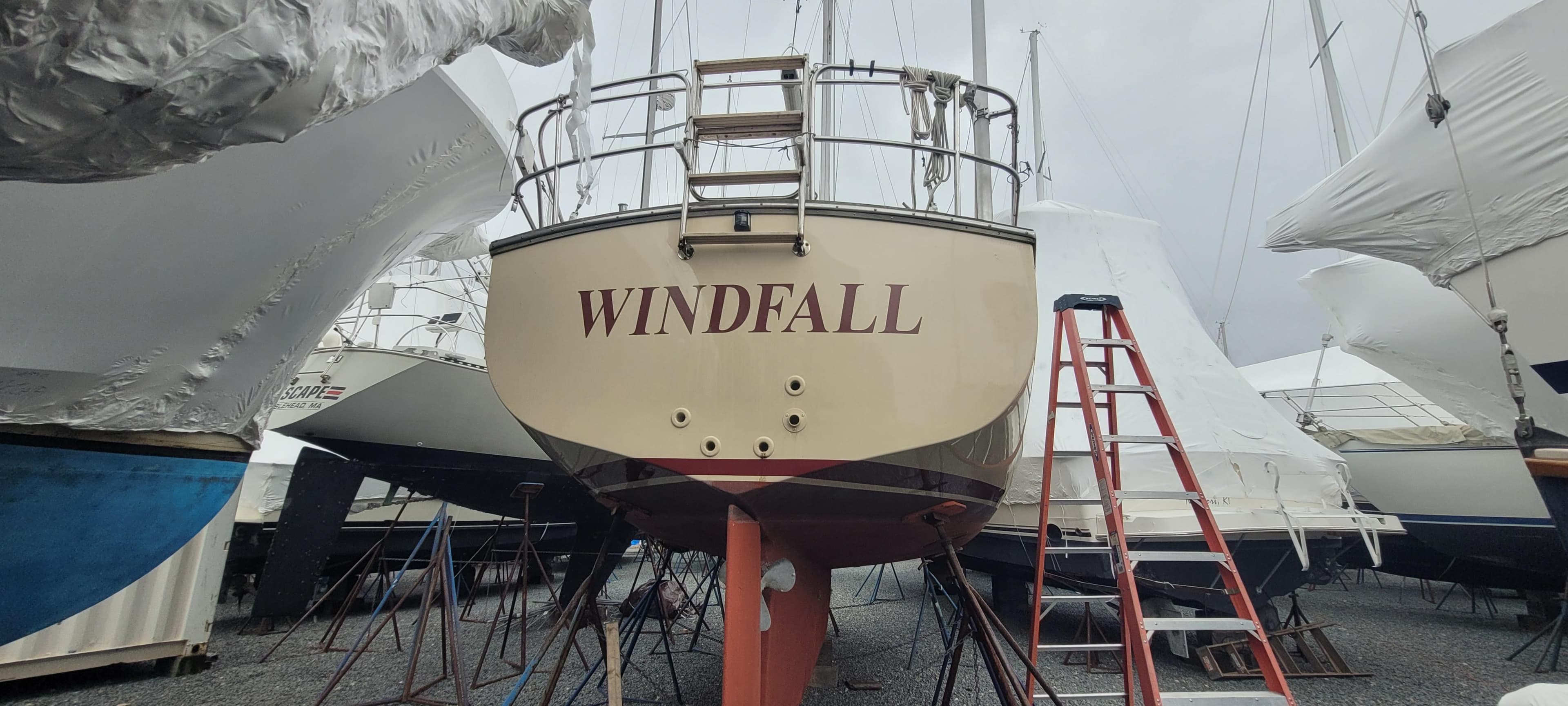 1987 Island Packet 31 sailboat in dry dock.