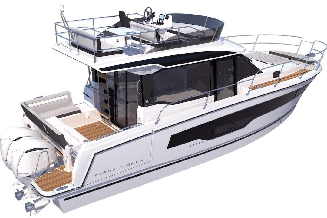 2026 Jeanneau NC 1095 Fly Series 2 boat with sleek design and dual outboard motors.