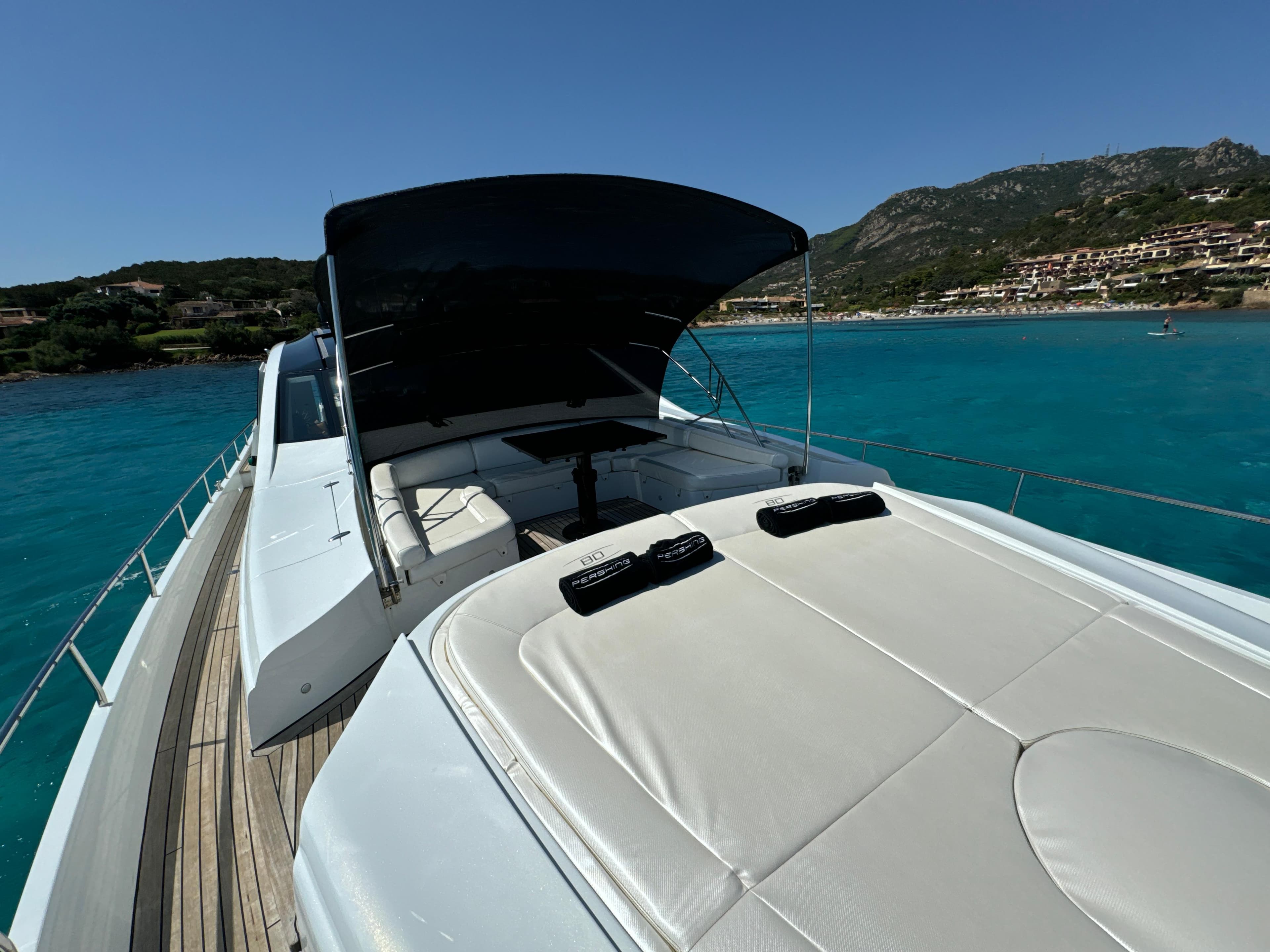 Luxurious 2008 Pershing 80 yacht on turquoise waters, featuring spacious deck and sunshade.