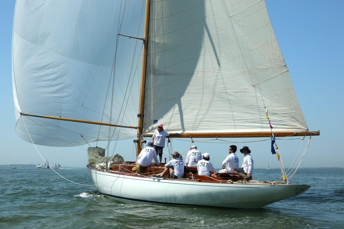Sailing yacht with crew on a sunny day, Classic Custom model, 1939.
