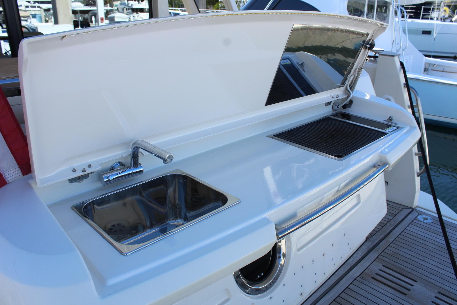Kitchen area on a 2019 Greenline 48 Coupe yacht.