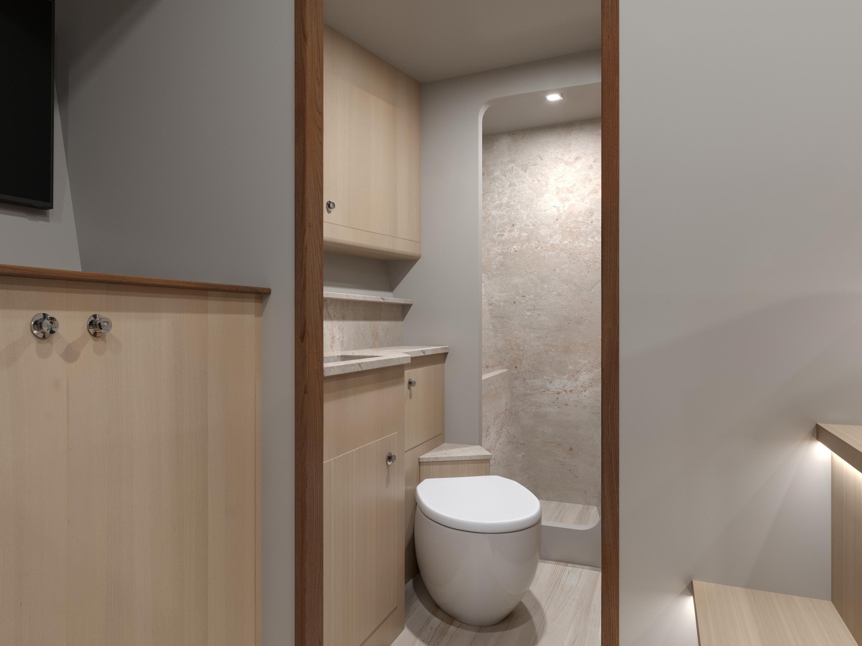 Modern bathroom interior in 2025 Catamaran HS 65 yacht, featuring sleek design and wood accents.