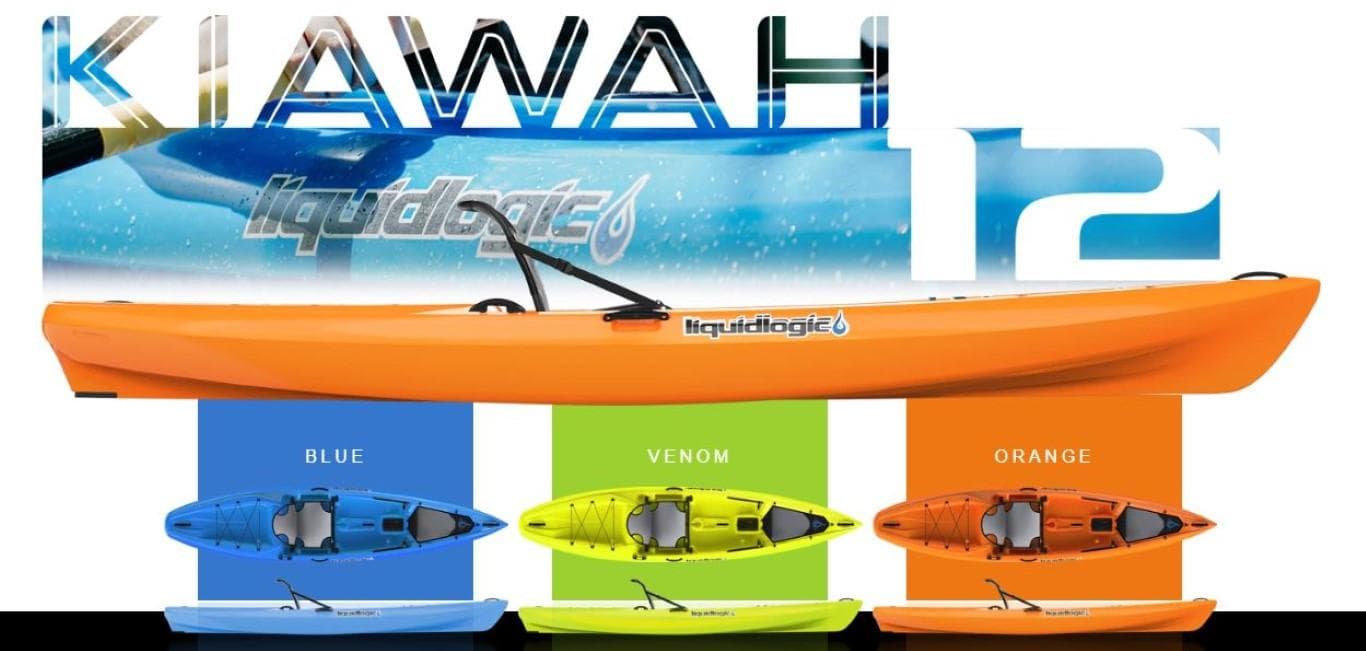 2023 Liquidlogic Kiawah 12 kayak in blue, venom, and orange colors.