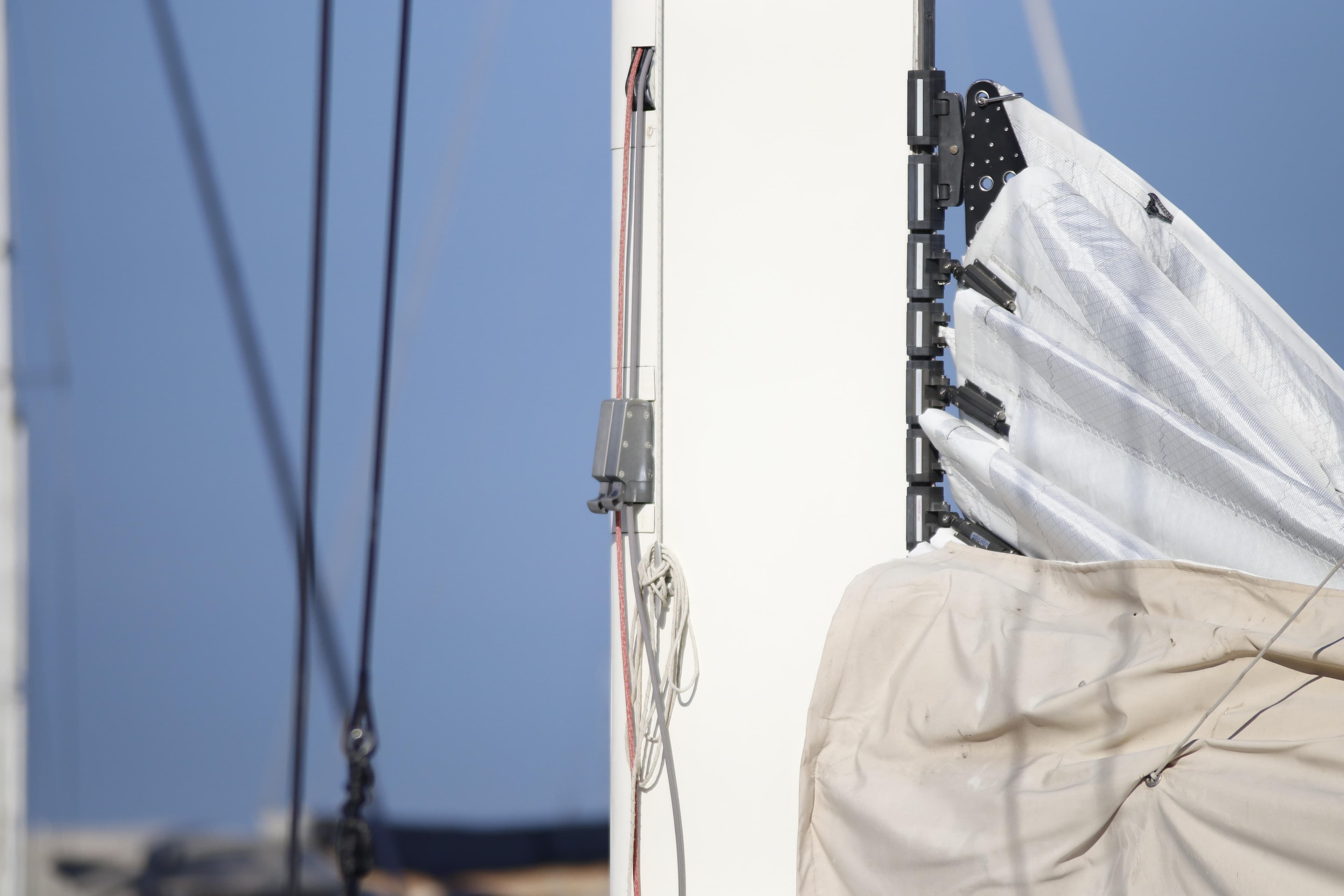Close-up of a 2001 Shuttleworth 58 Custom sailboat mast and rigging.