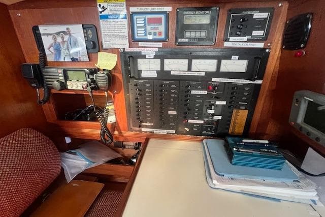 Electrical control panel on 1987 Sabre 42 K/CB sailboat with navigation equipment.